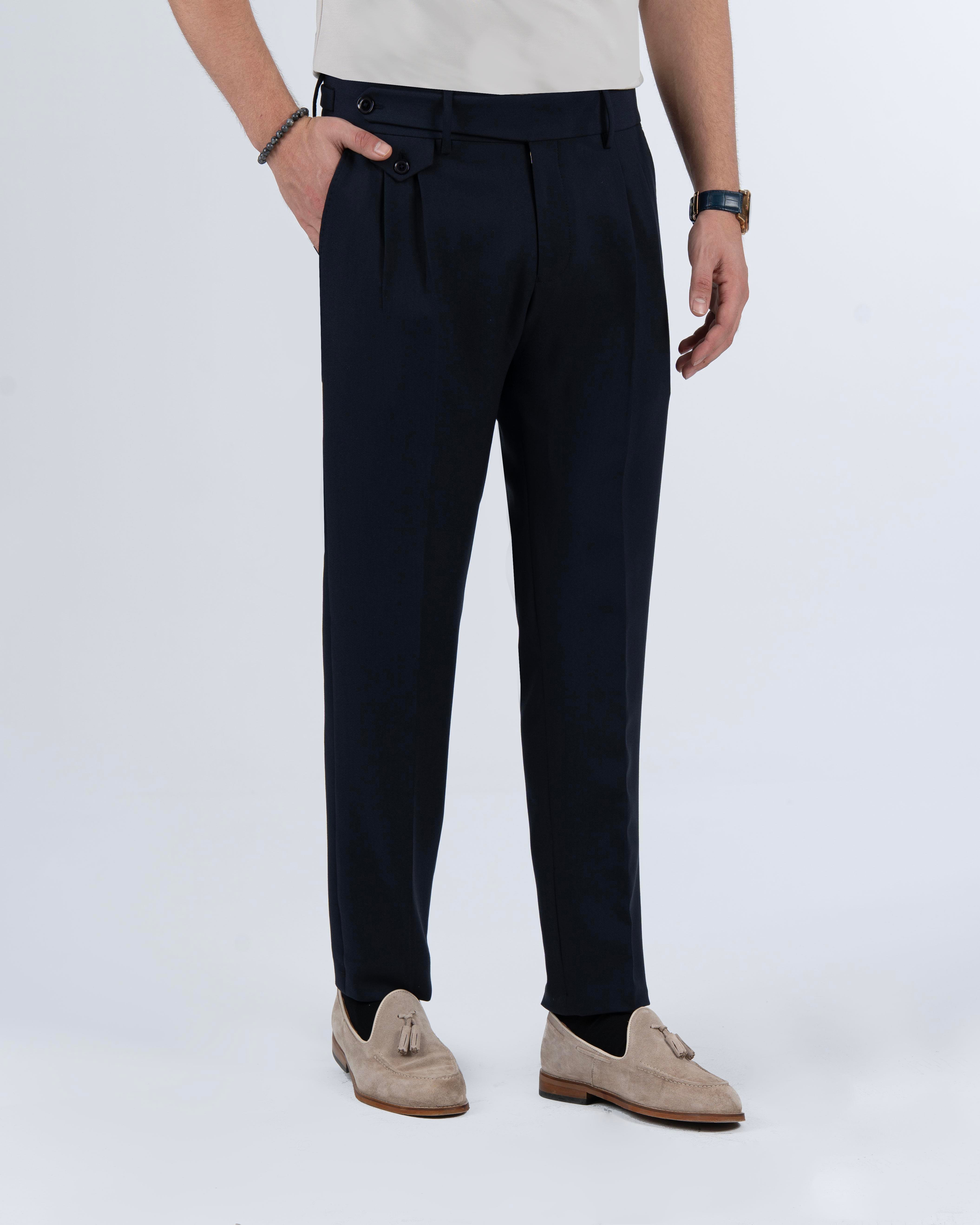 İtalyan stil slim fit erkek pileli kumaş pantolon Lacivert T5288