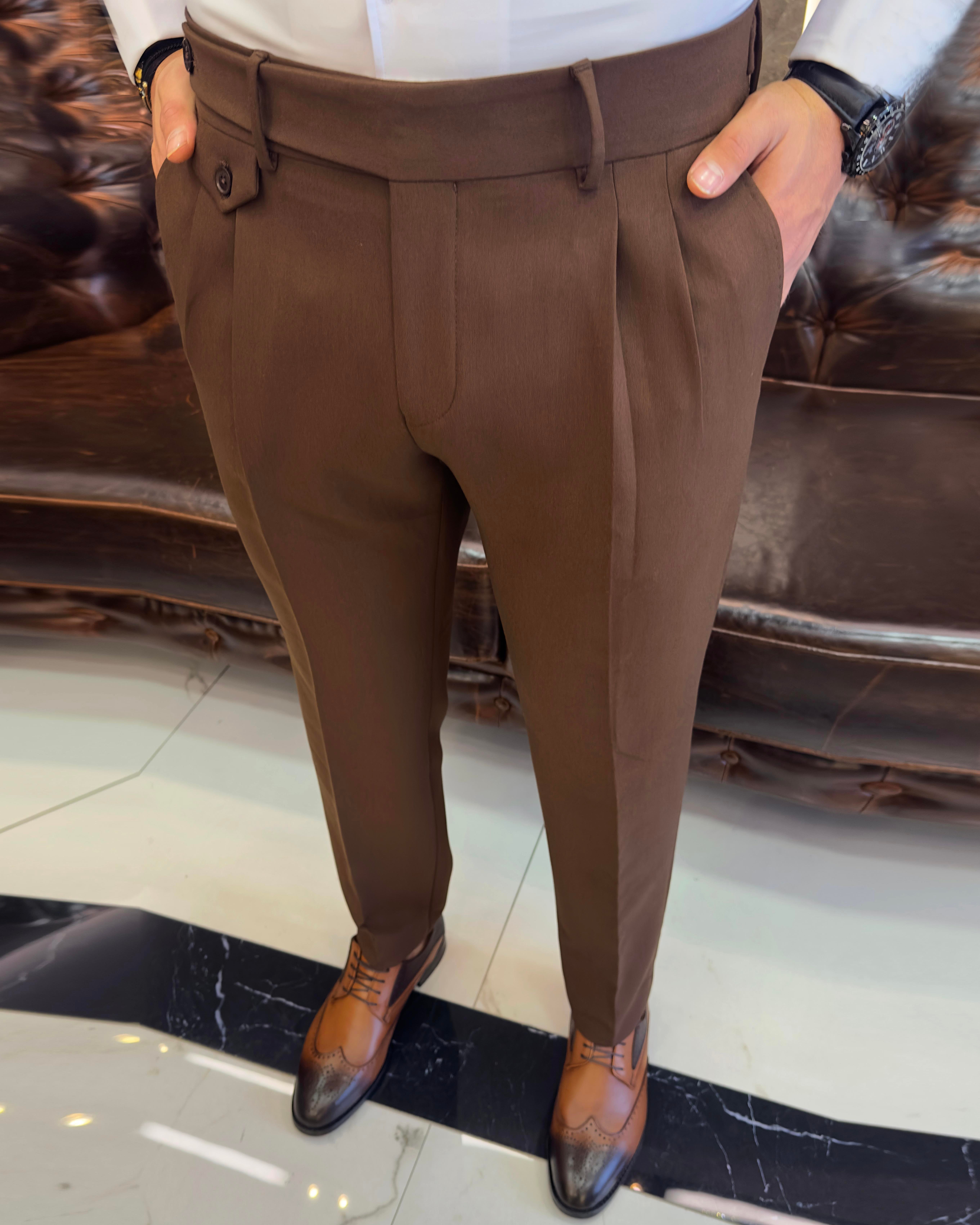 İtalyan stil slim fit erkek pileli kumaş pantolon Kahverengi T10798