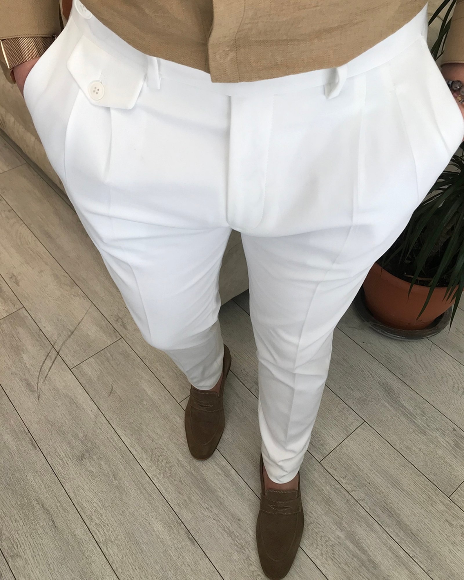 İtalyan stil slim fit erkek pileli kumaş pantolon Beyaz T5290