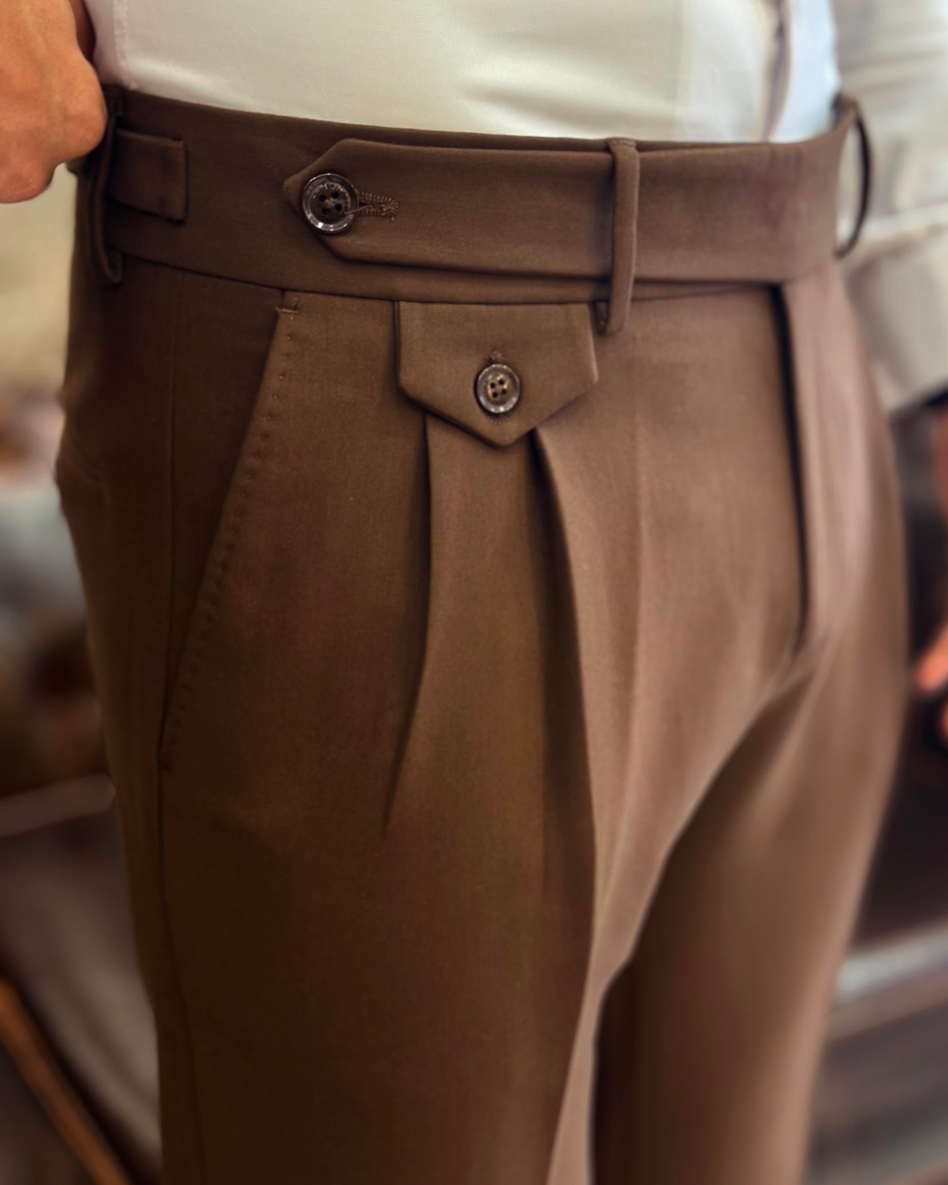 İtalyan stil slim fit erkek pileli kumaş pantolon Kahverengi T10798