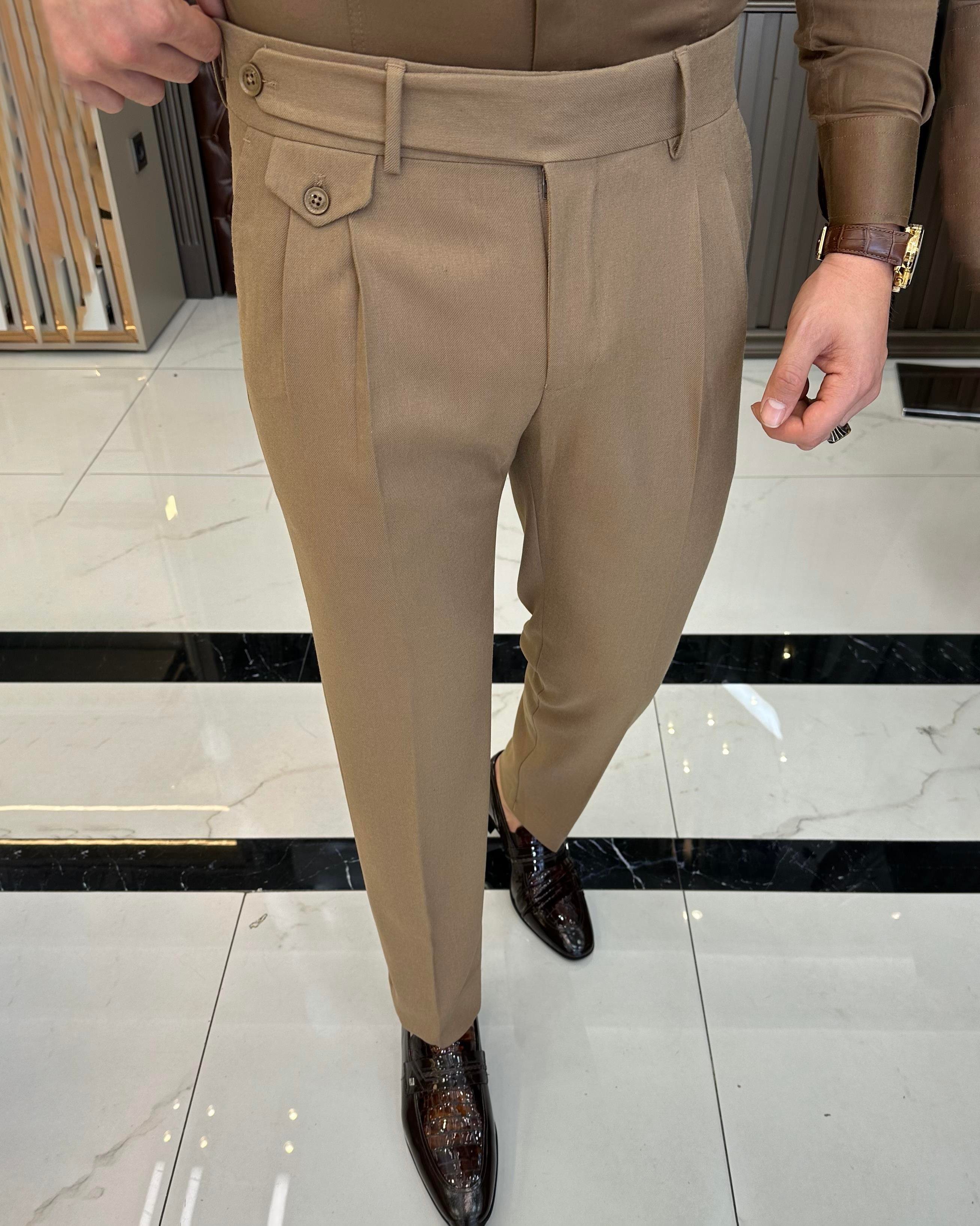 İtalyan stil slim fit erkek pileli kumaş pantolon Camel T10797