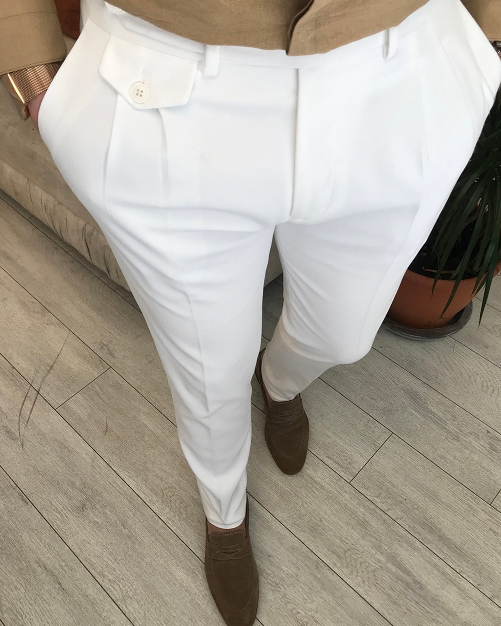 İtalyan stil slim fit erkek pileli kumaş pantolon Beyaz T5290