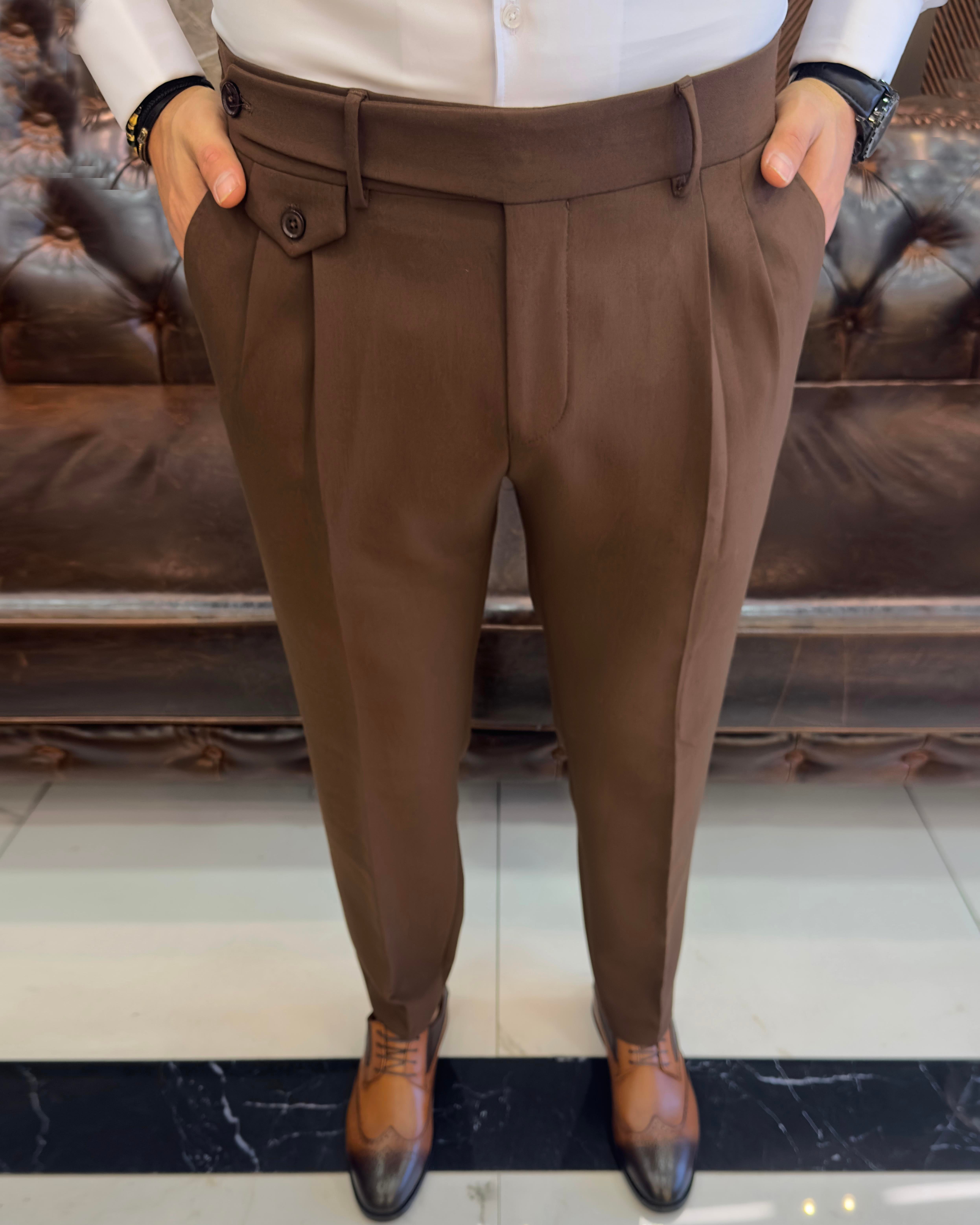 İtalyan stil slim fit erkek pileli kumaş pantolon Kahverengi T10798