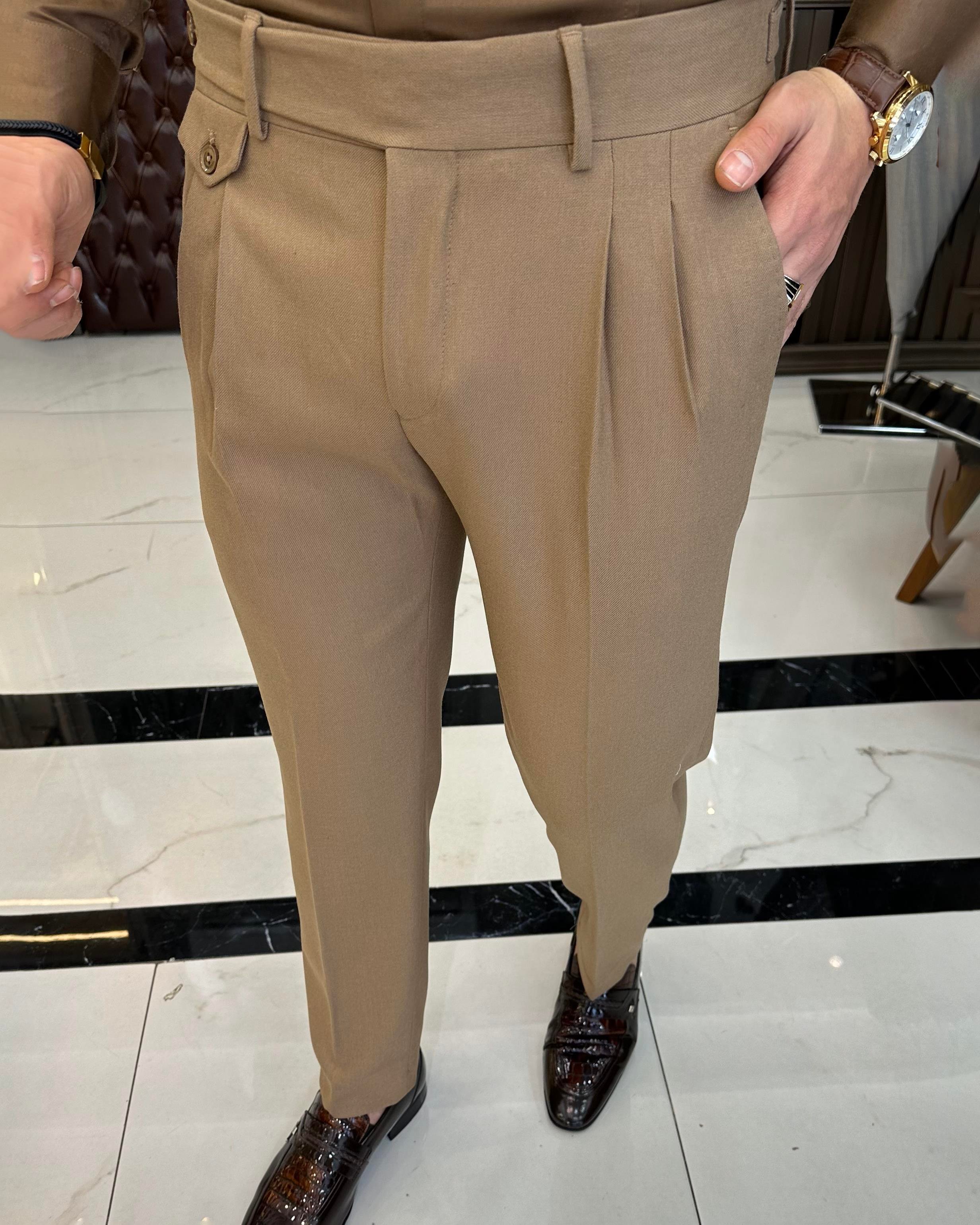 İtalyan stil slim fit erkek pileli kumaş pantolon Camel T10797