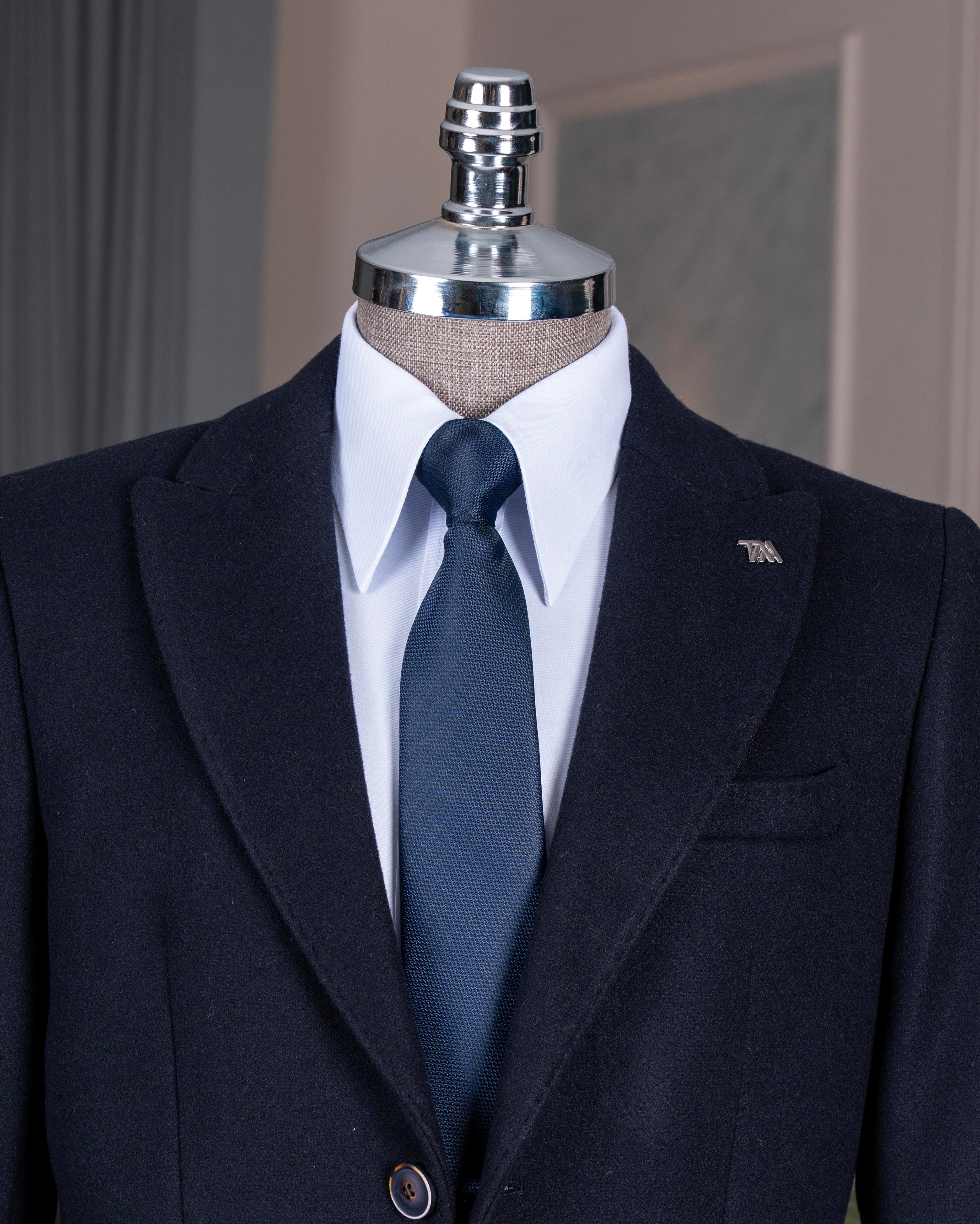 İtalyan stil slim fit erkek sivri yaka yün karışımlı kaban lacivert T10854