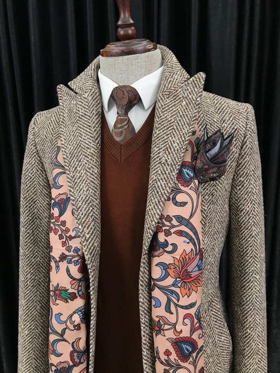 İtalyan stil slim fit erkek sivri yaka yün karışımlı kaban Bej T8703