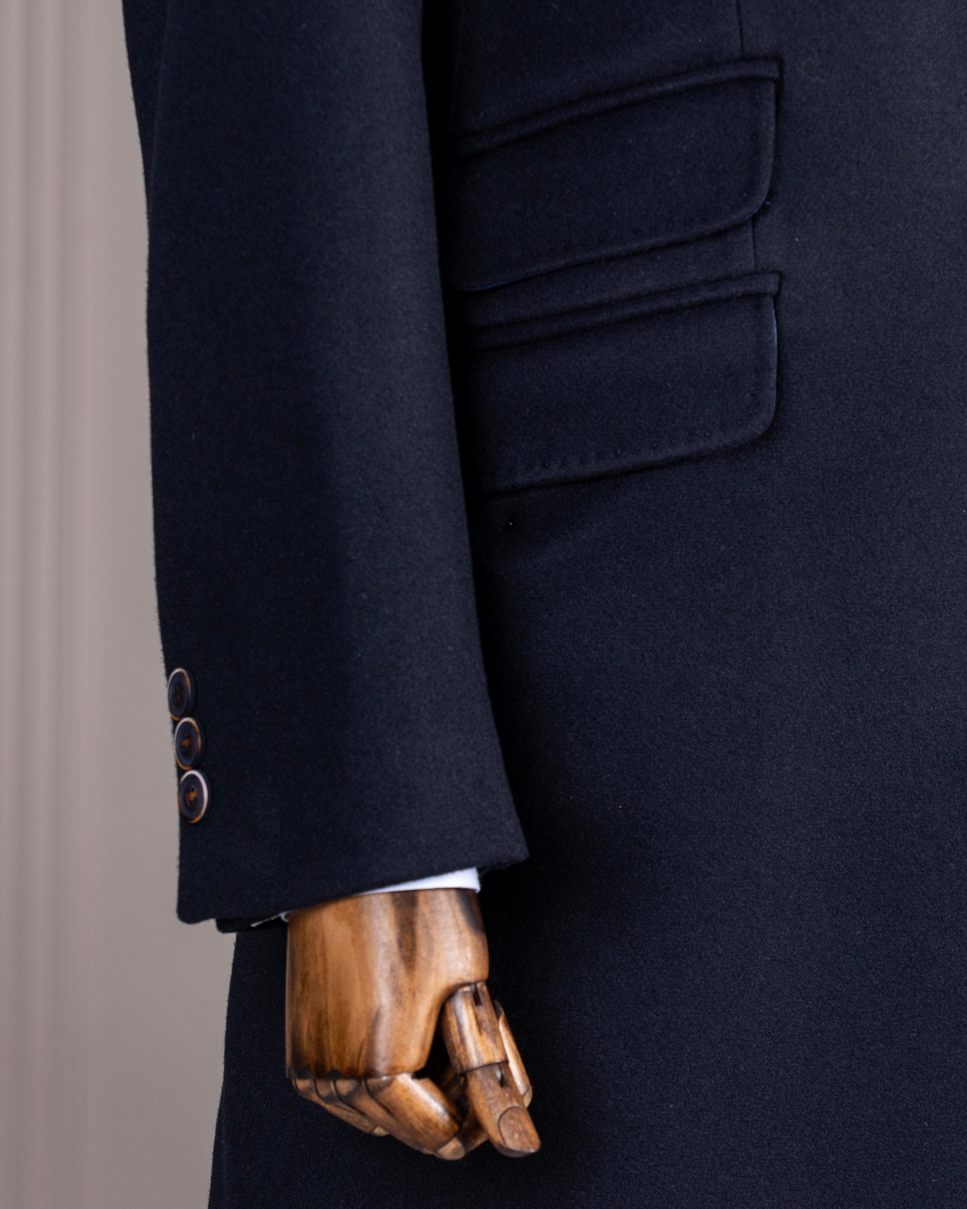 İtalyan stil slim fit erkek sivri yaka yün karışımlı kaban lacivert T10854