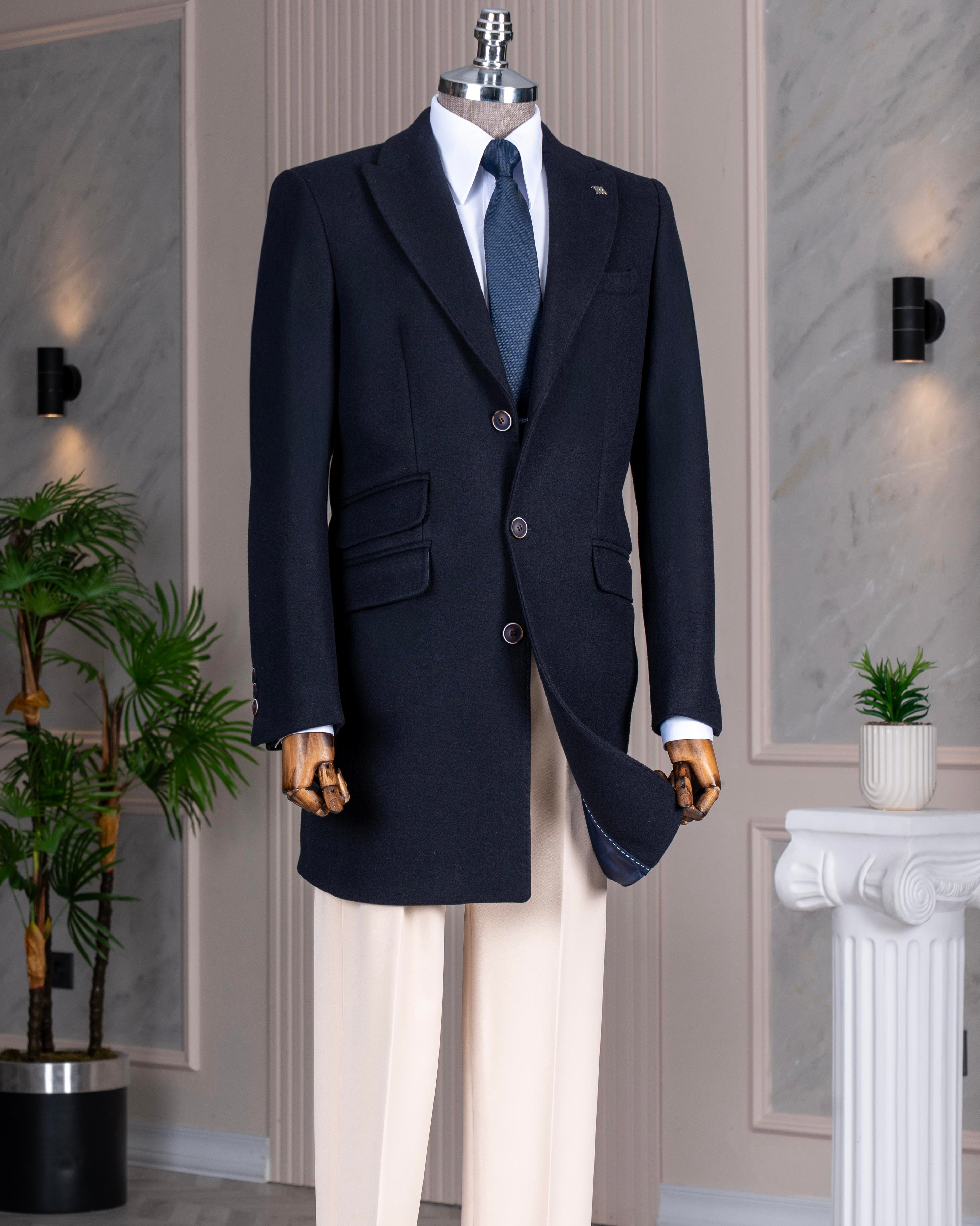 İtalyan stil slim fit erkek sivri yaka yün karışımlı kaban lacivert T10854