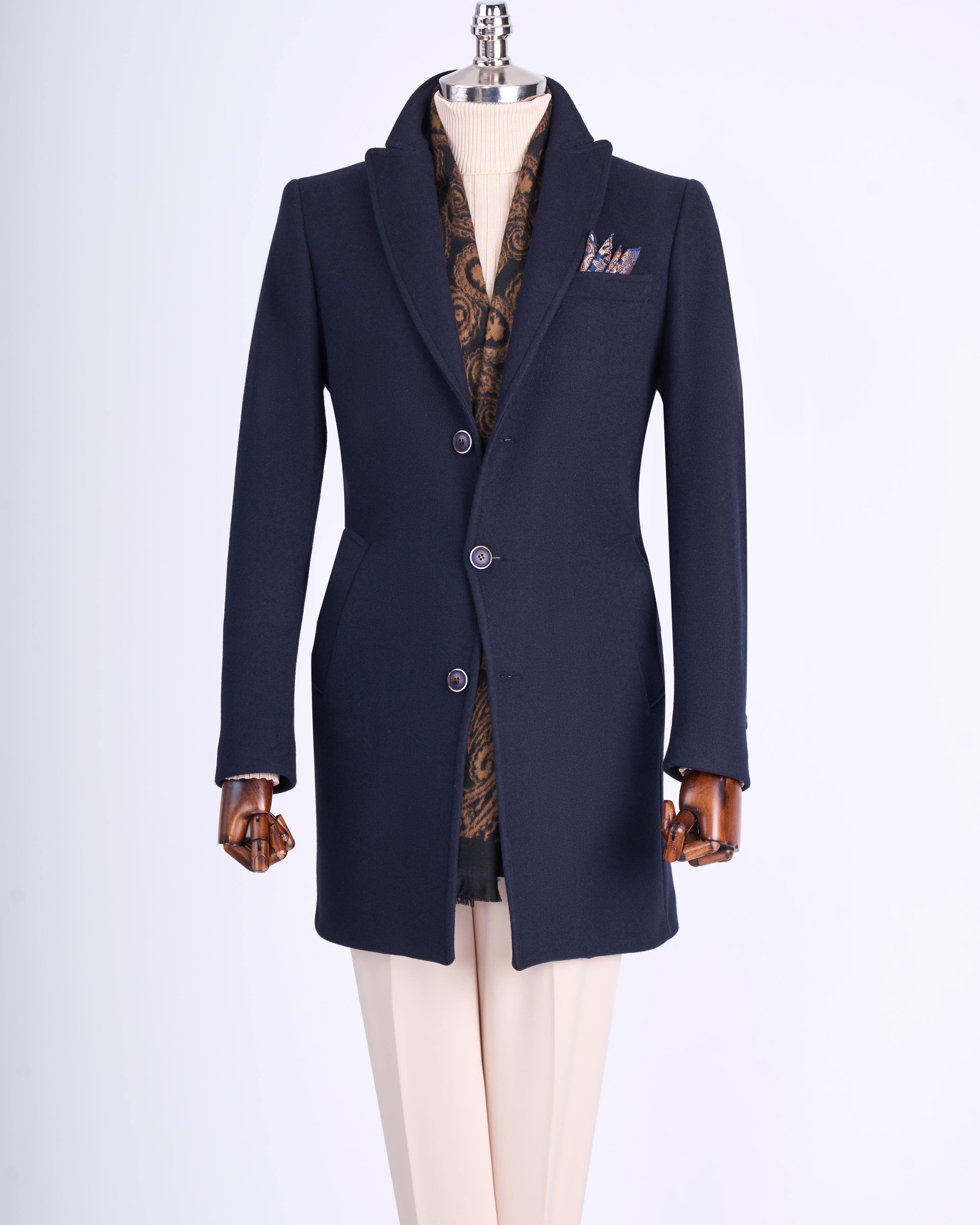 İtalyan stil slim fit erkek sivri yaka yün karışımlı kaban lacivert  T10849