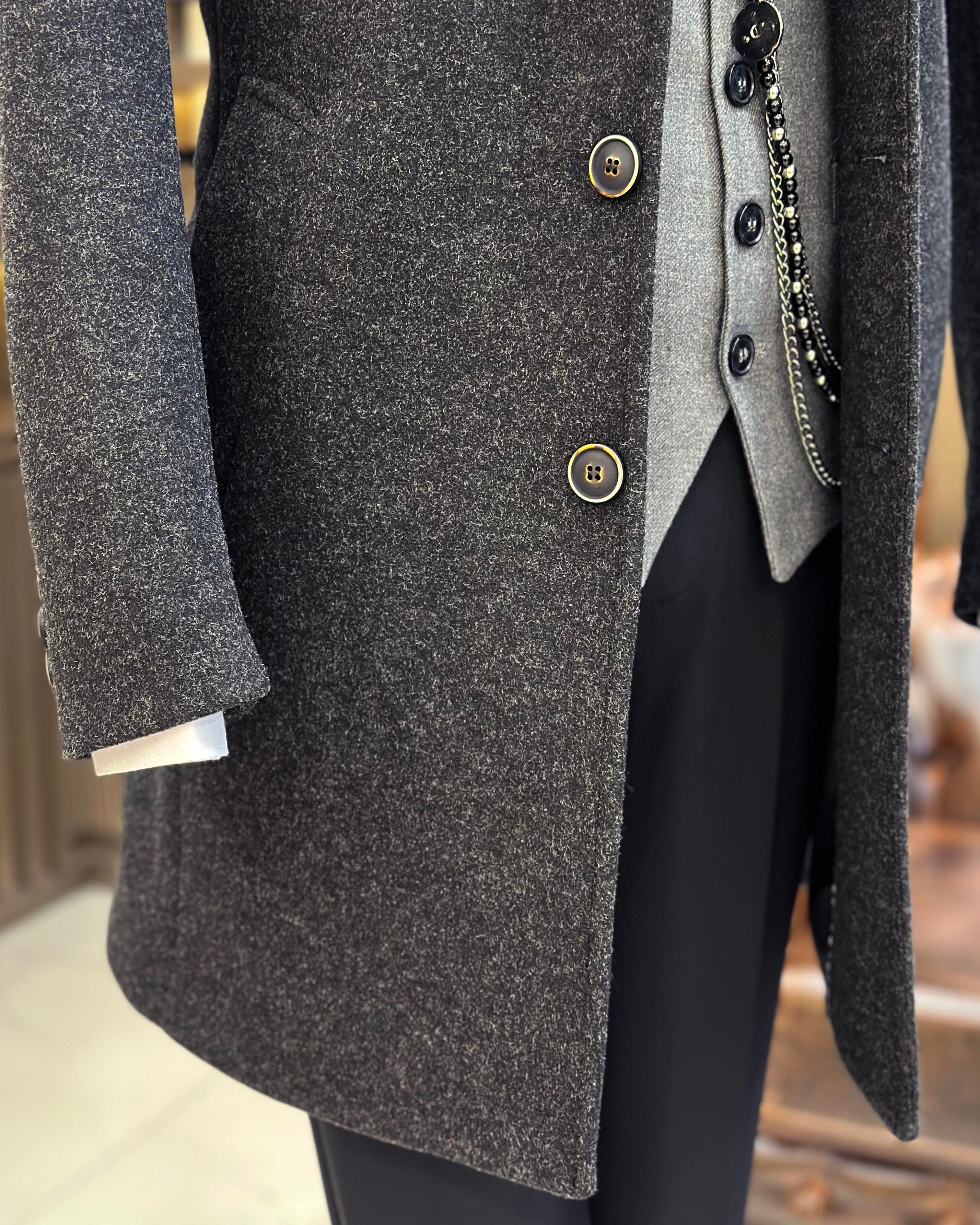 İtalyan stil slim fit erkek sivri yaka yün karışımlı kaban antrasit T10850
