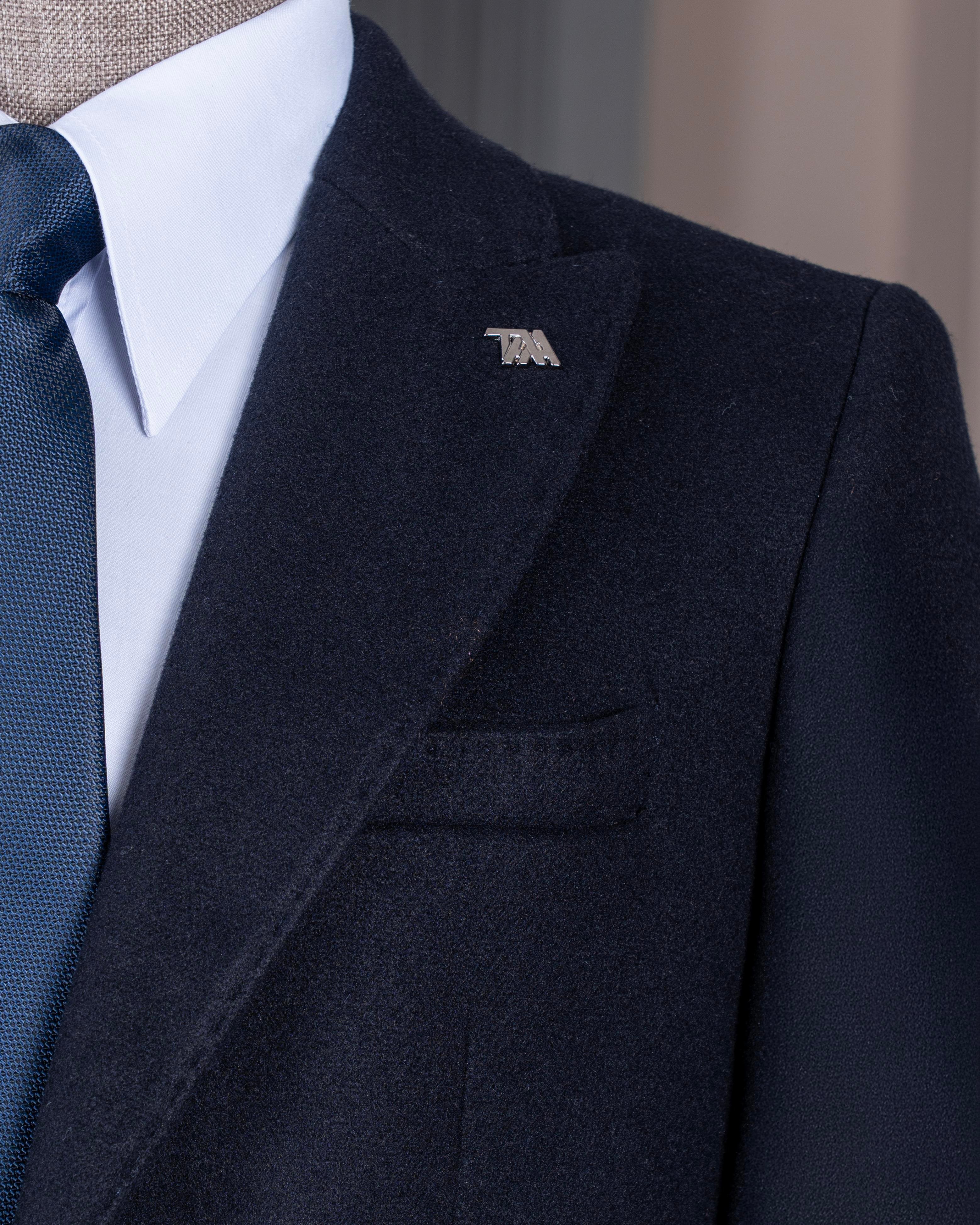 İtalyan stil slim fit erkek sivri yaka yün karışımlı kaban lacivert T10854