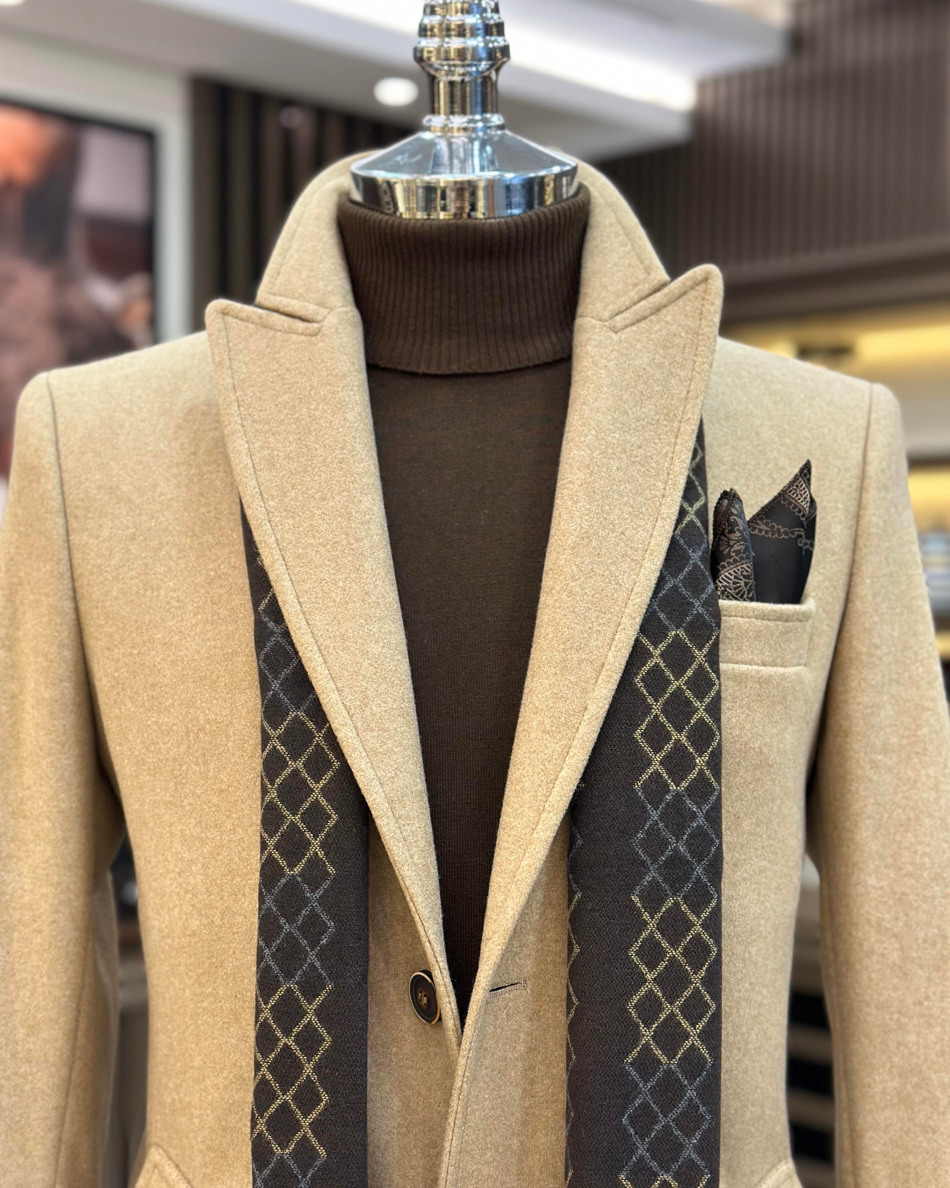 Italian style slim fit men's pointed collar wool blend coat beige T10851