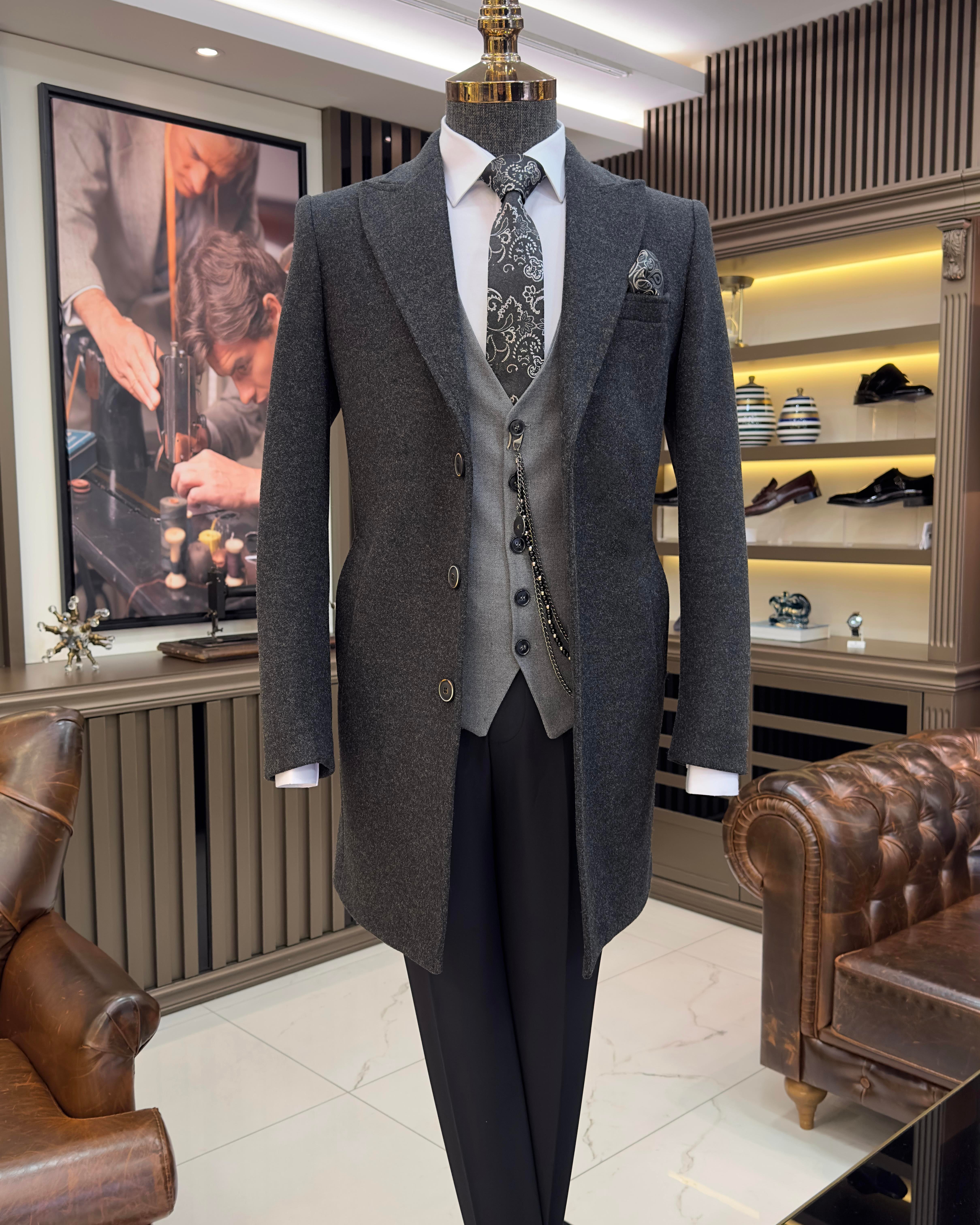 İtalyan stil slim fit erkek sivri yaka yün karışımlı kaban antrasit T10850