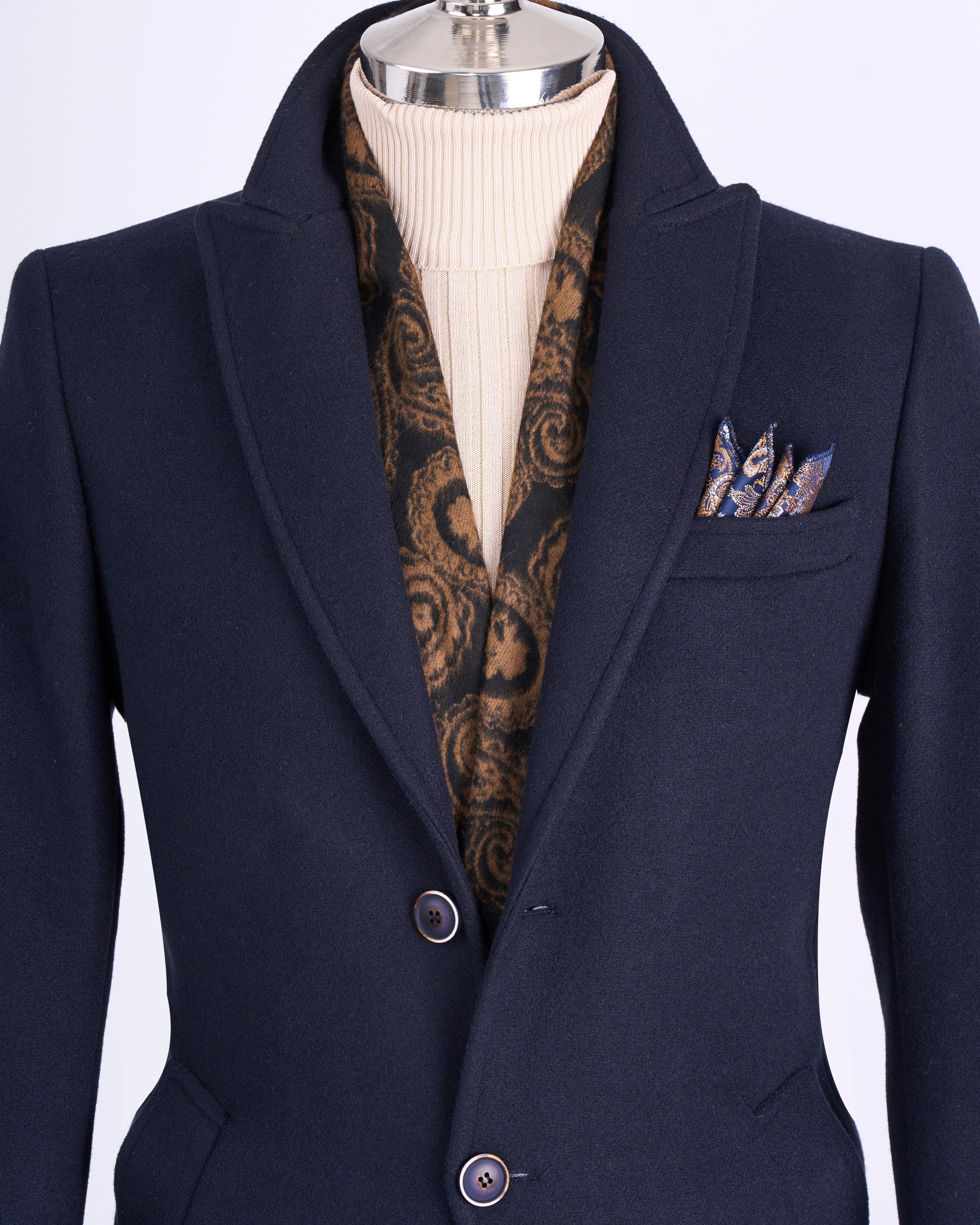 İtalyan stil slim fit erkek sivri yaka yün karışımlı kaban lacivert  T10849
