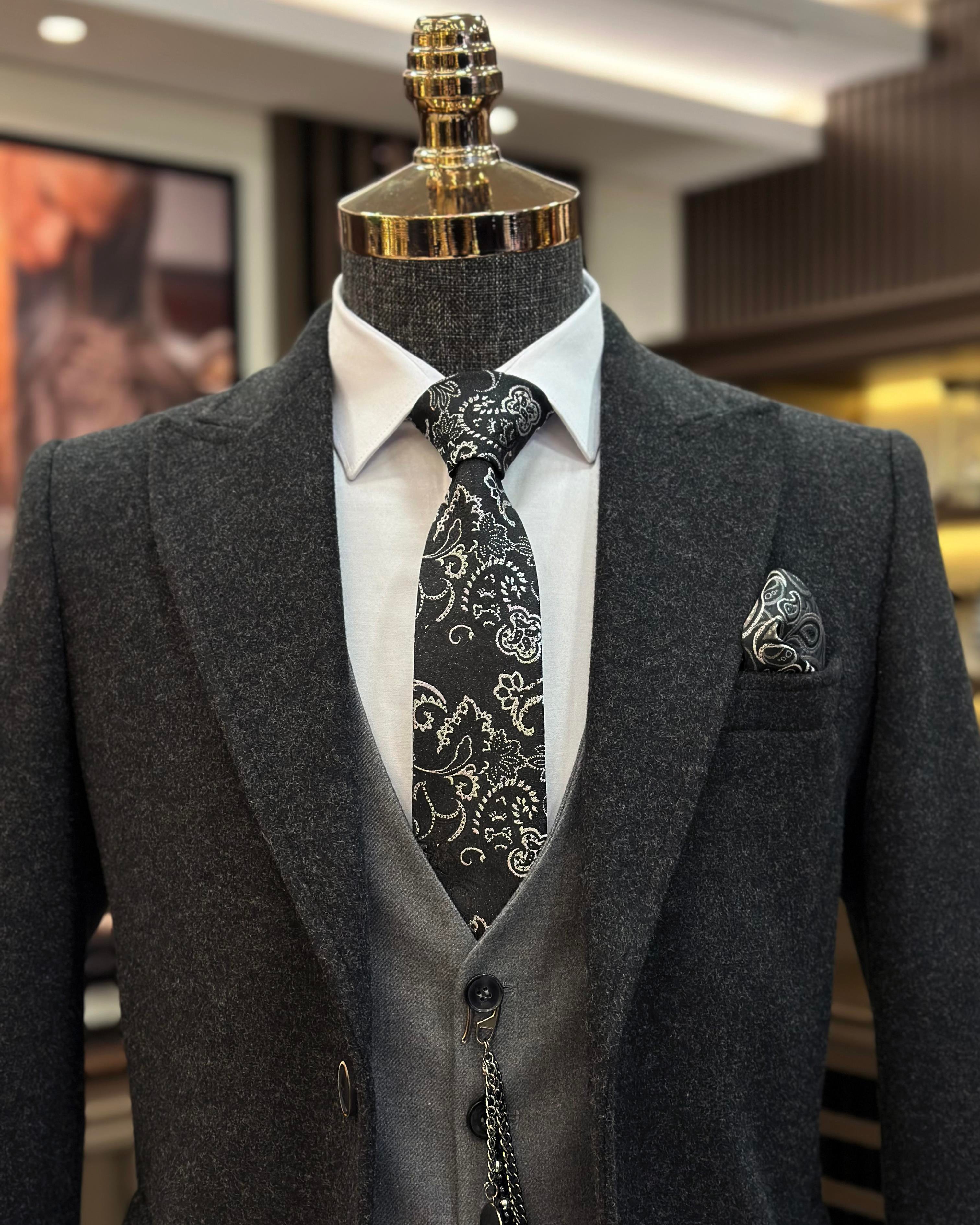 İtalyan stil slim fit erkek sivri yaka yün karışımlı kaban antrasit T10850