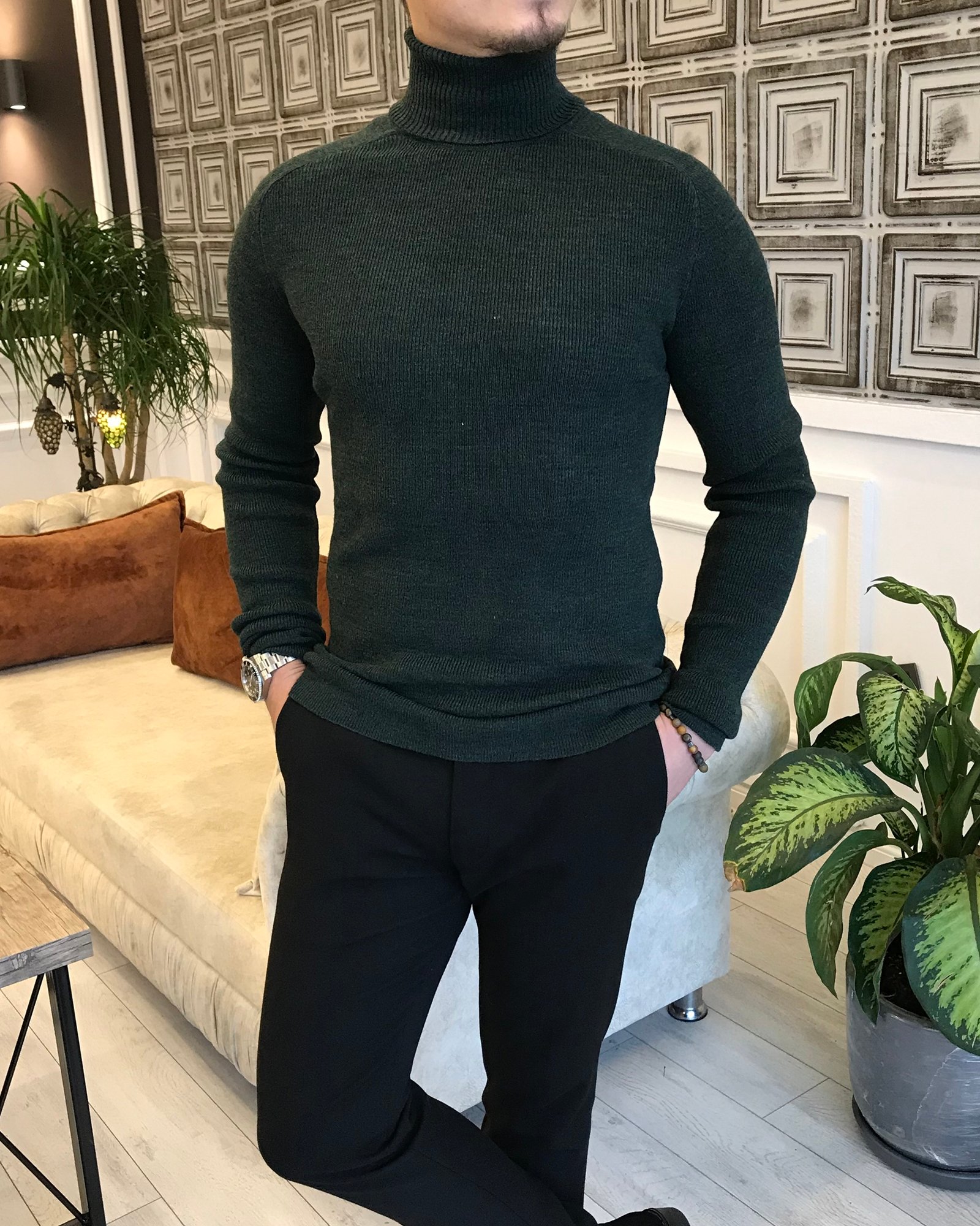 İtalyan Stil slim fit erkek Triko Balıkçıl Yaka Boğazlı Kazak Yeşil T5040