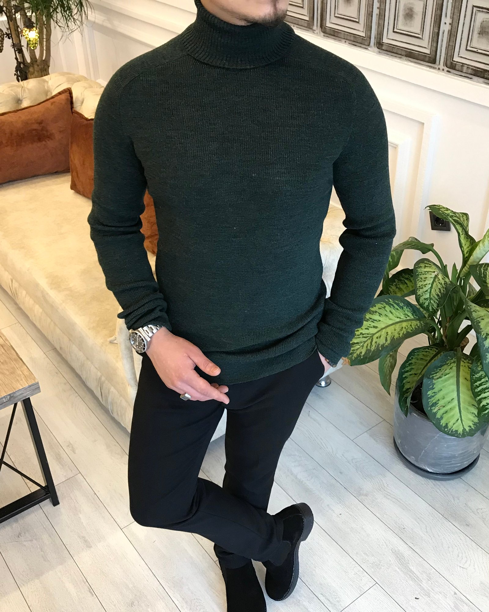 İtalyan Stil slim fit erkek Triko Balıkçıl Yaka Boğazlı Kazak Yeşil T5040