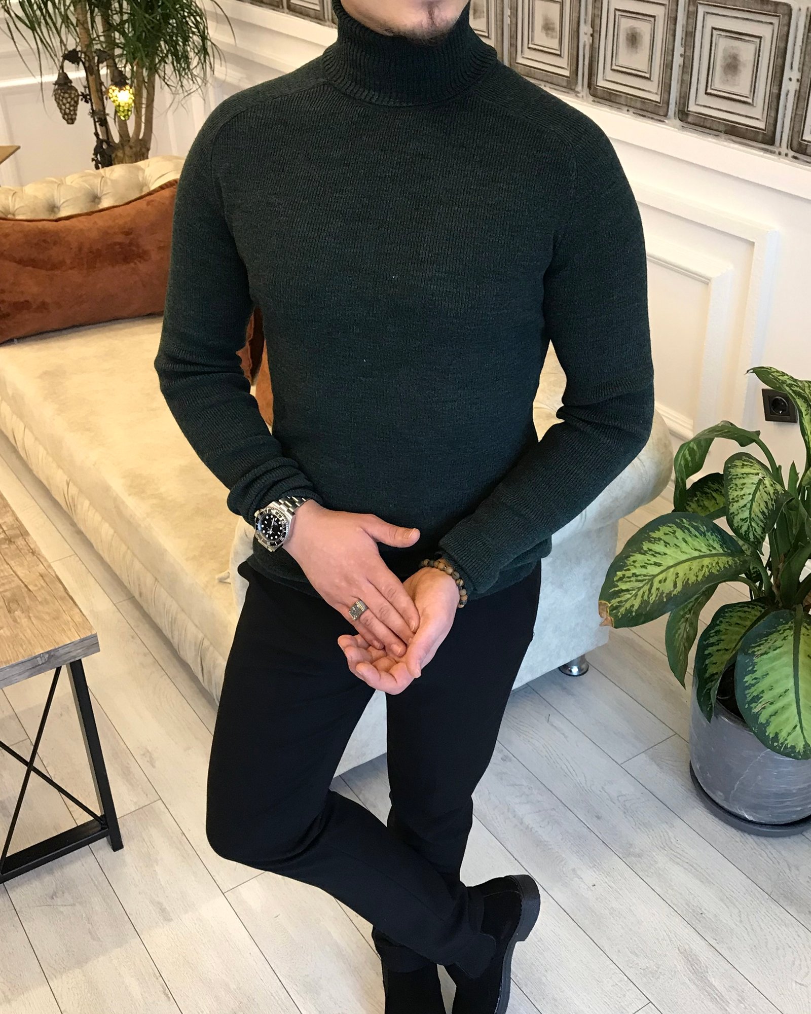 İtalyan Stil slim fit erkek Triko Balıkçıl Yaka Boğazlı Kazak Yeşil T5040