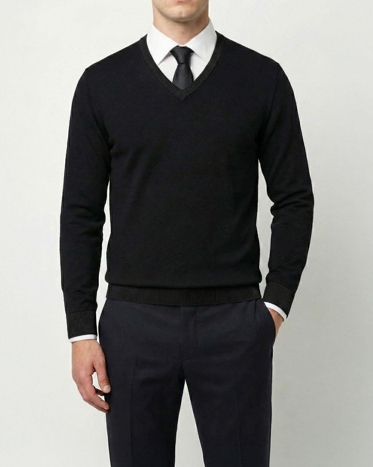 İtalyan stil slim fit erkek V yaka triko kazak Siyah T8735