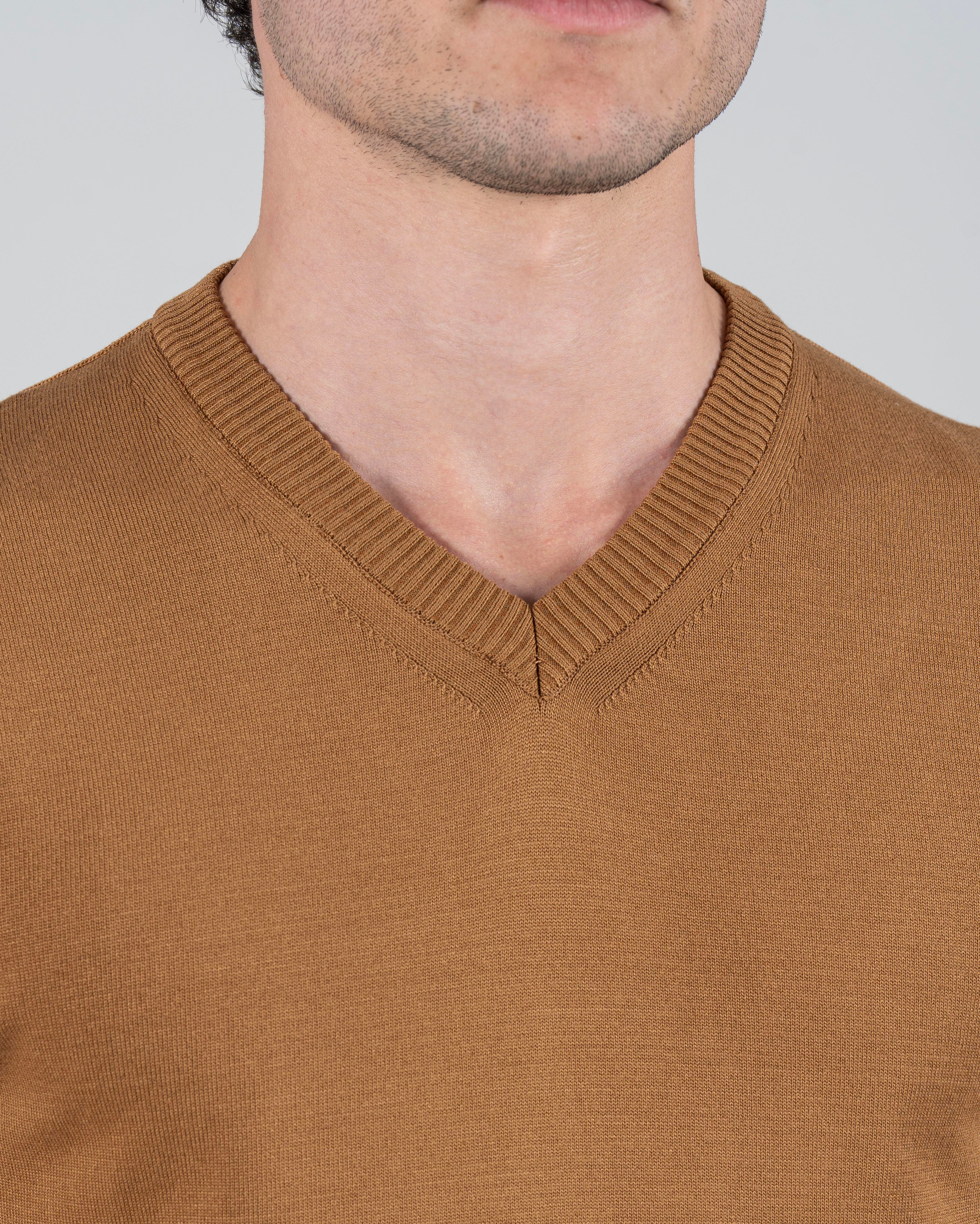 İtalyan stil slim fit erkek V yaka triko kazak Camel T8734