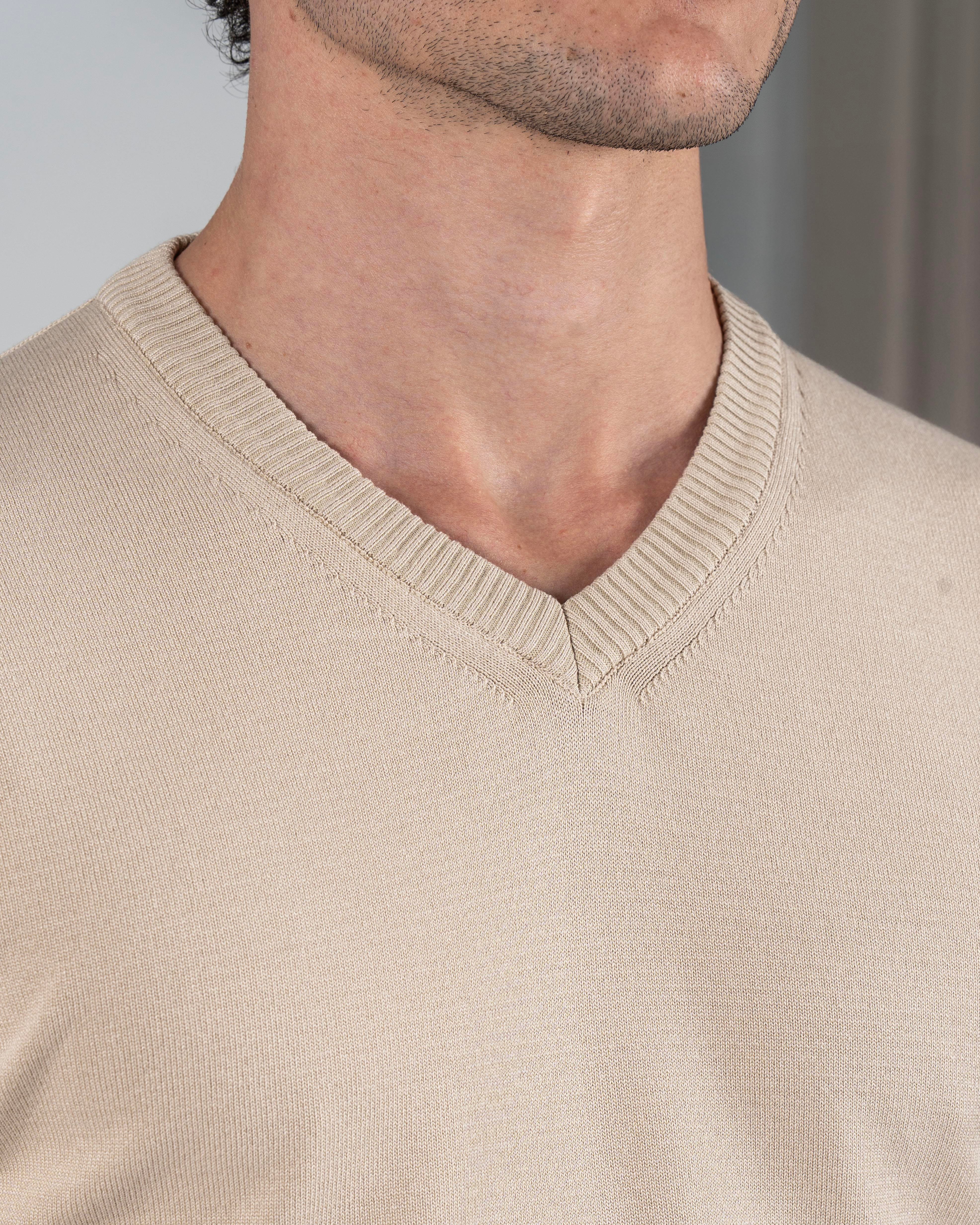 İtalyan stil slim fit erkek V yaka triko kazak Bej T8737