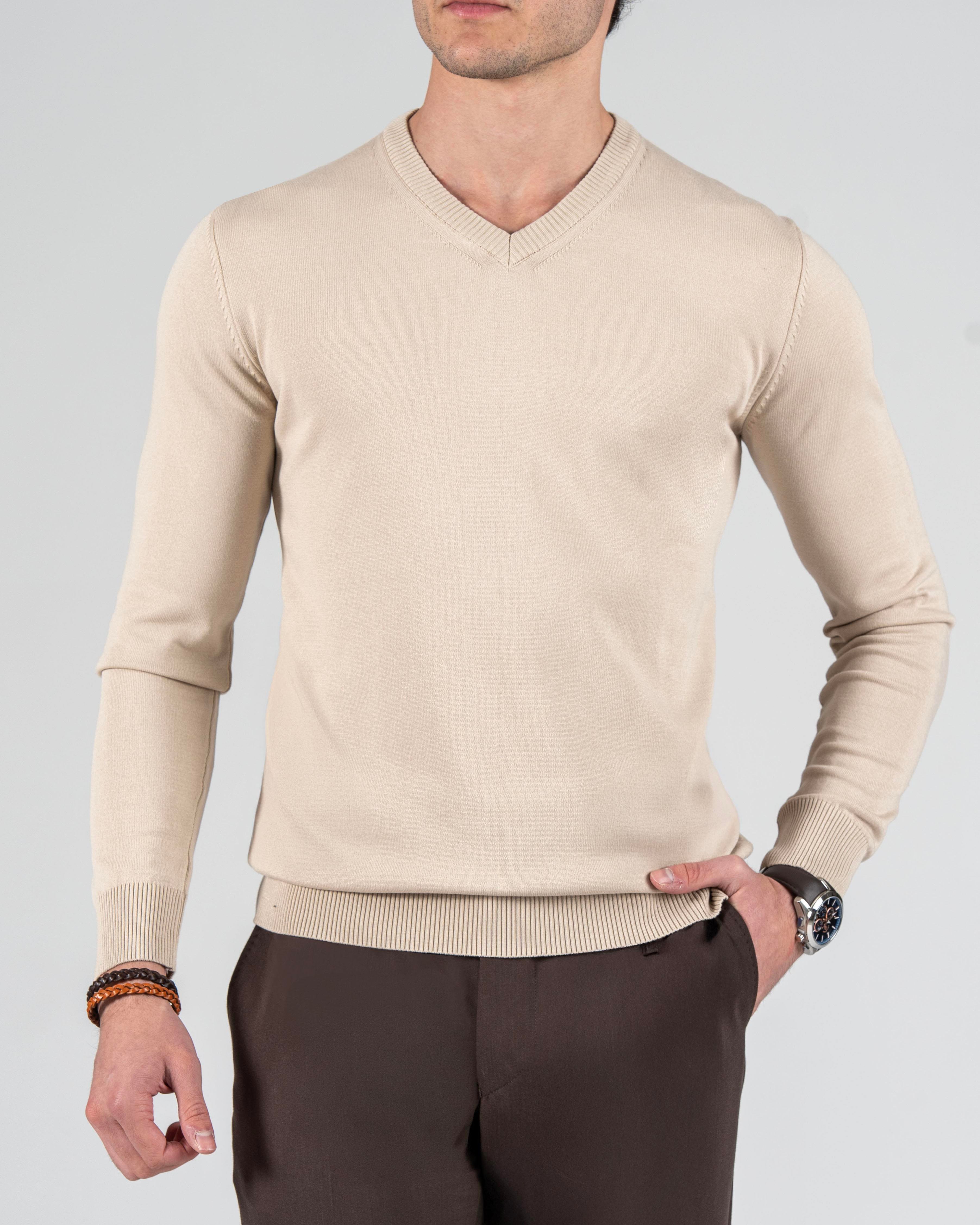 İtalyan stil slim fit erkek V yaka triko kazak Bej T8737