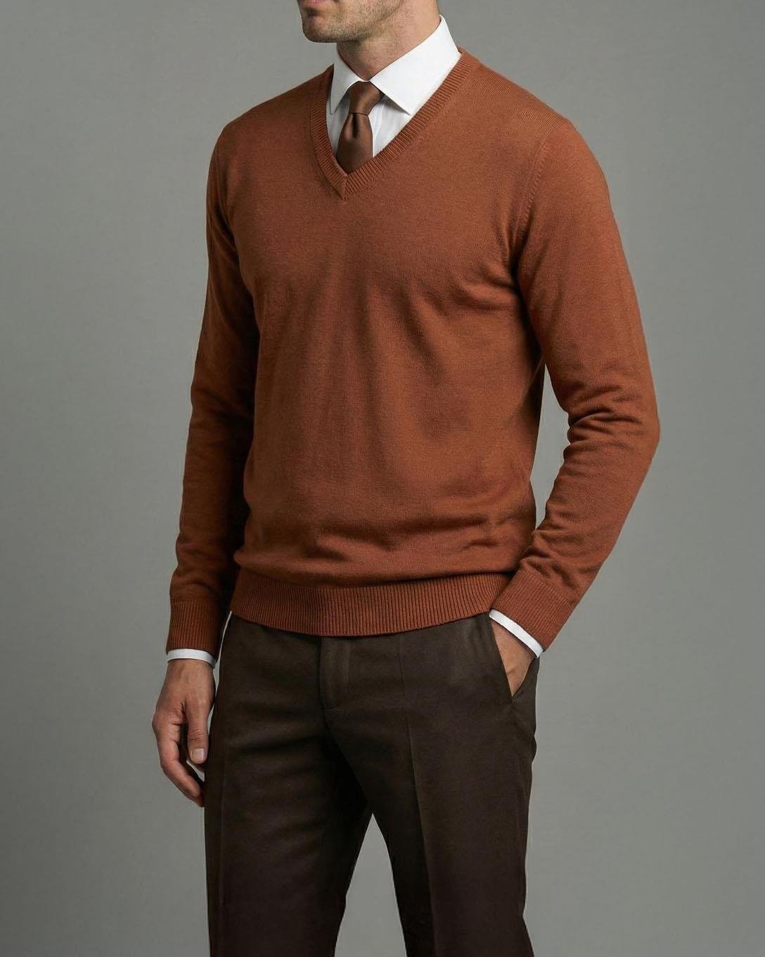 İtalyan stil slim fit erkek V yaka triko kazak kiremit T13270