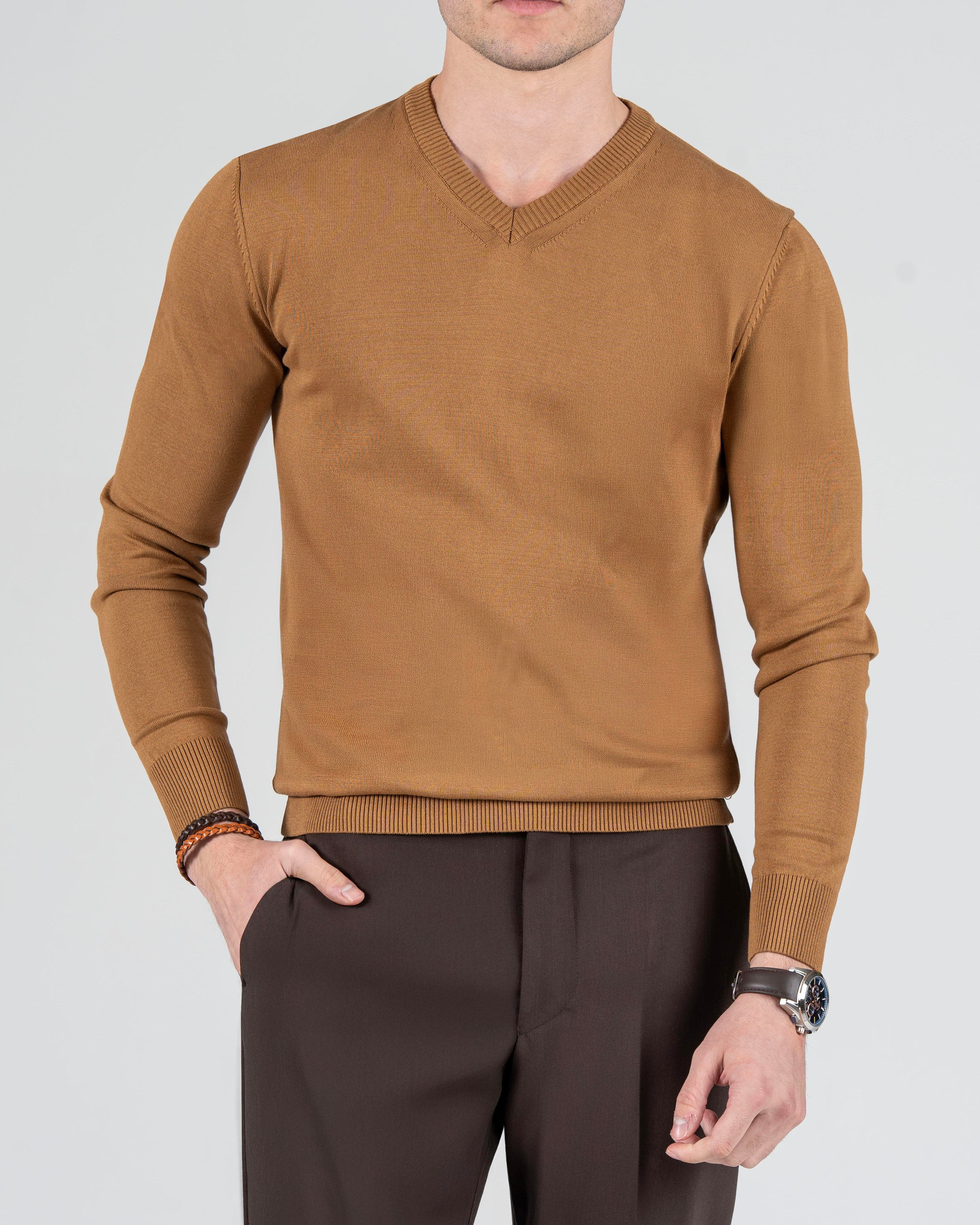 İtalyan stil slim fit erkek V yaka triko kazak Camel T8734