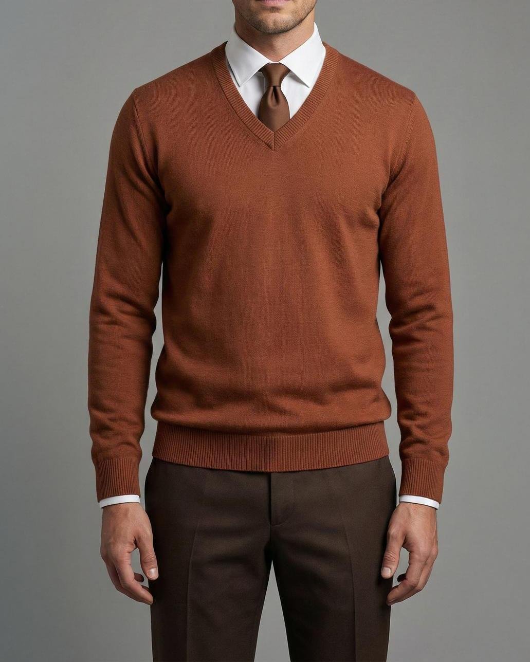 İtalyan stil slim fit erkek V yaka triko kazak kiremit T13270