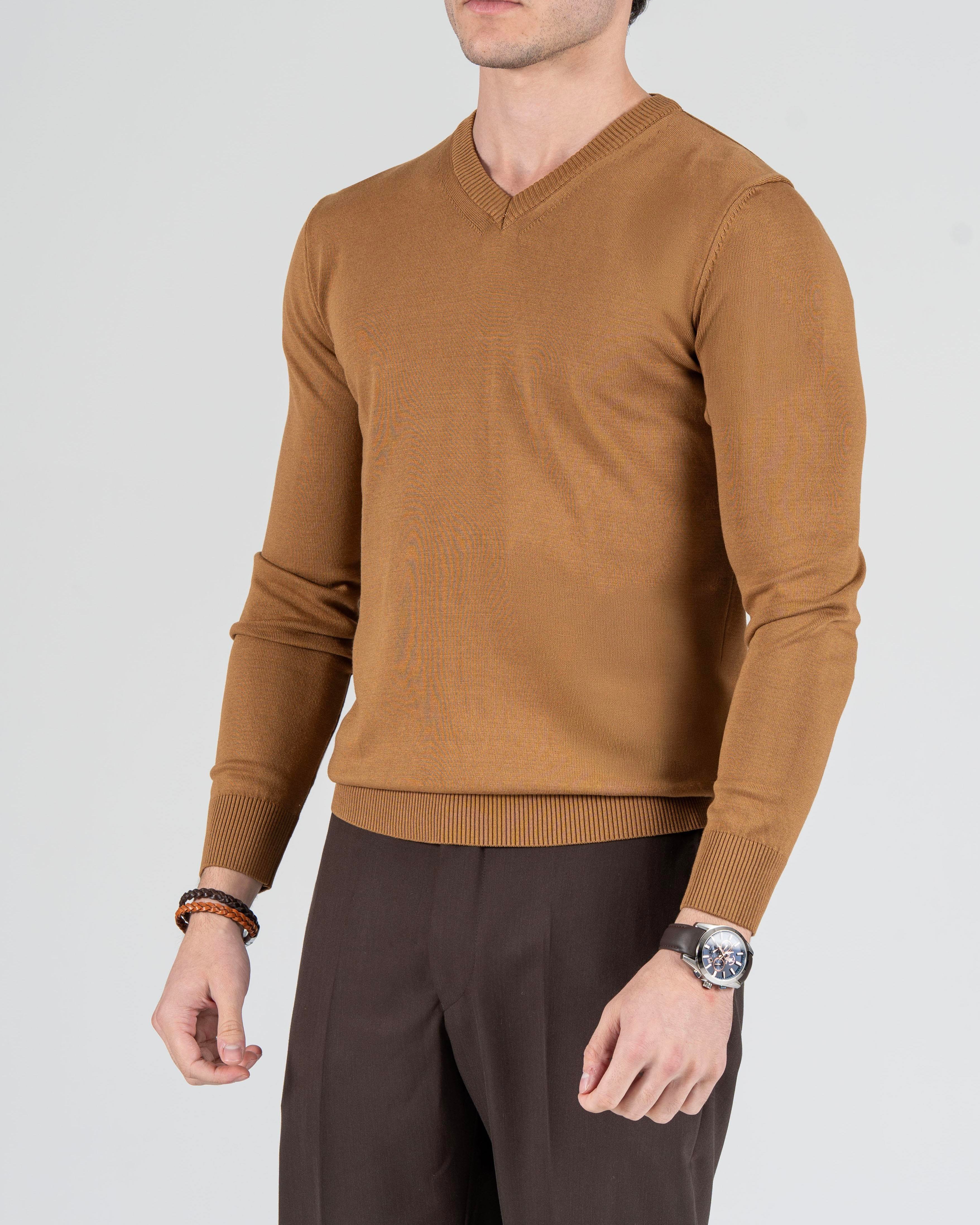 İtalyan stil slim fit erkek V yaka triko kazak Camel T8734