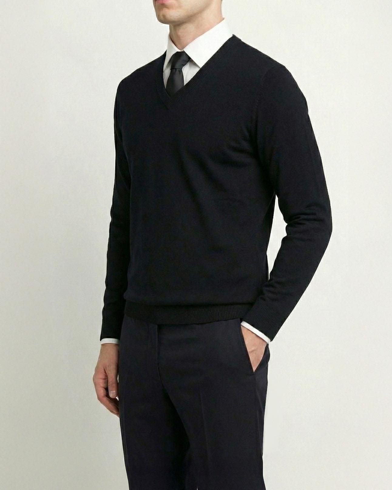 İtalyan stil slim fit erkek V yaka triko kazak Siyah T8735