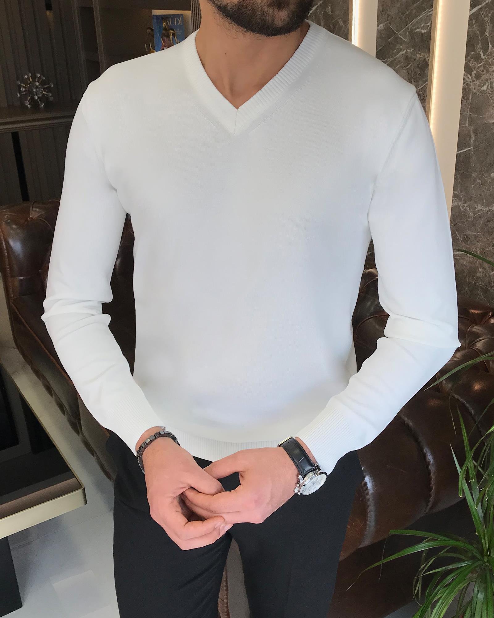 İtalyan stil slim fit erkek V yaka triko kazak Ekru T8736