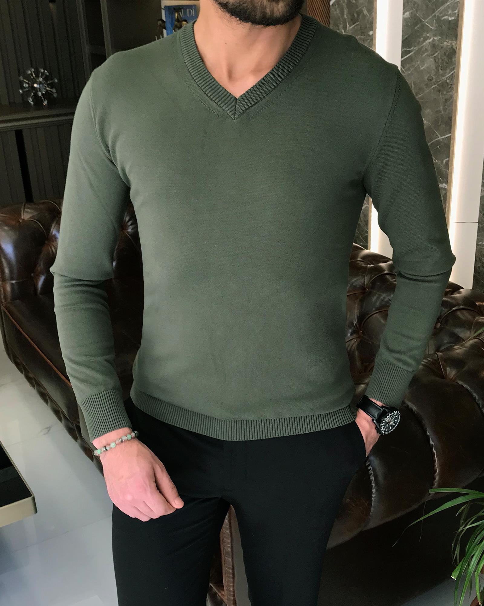 İtalyan stil slim fit erkek V yaka triko kazak Haki T8733