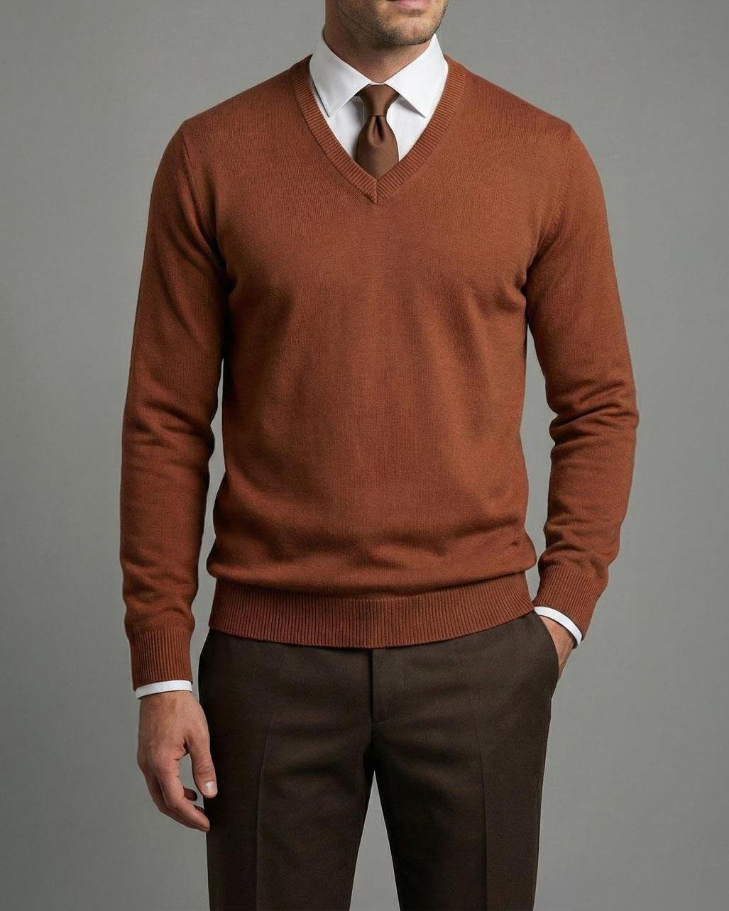 İtalyan stil slim fit erkek V yaka triko kazak kiremit T13270