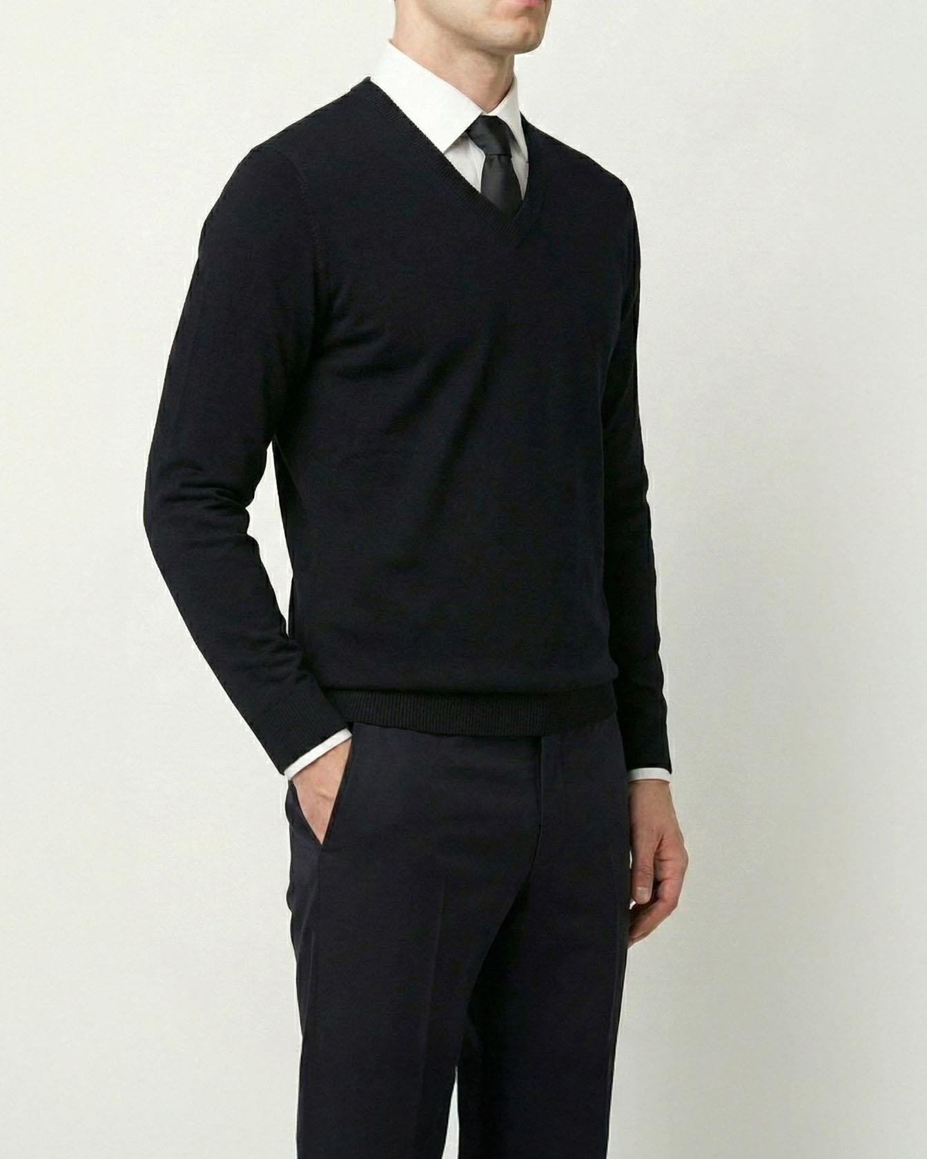 İtalyan stil slim fit erkek V yaka triko kazak Siyah T8735