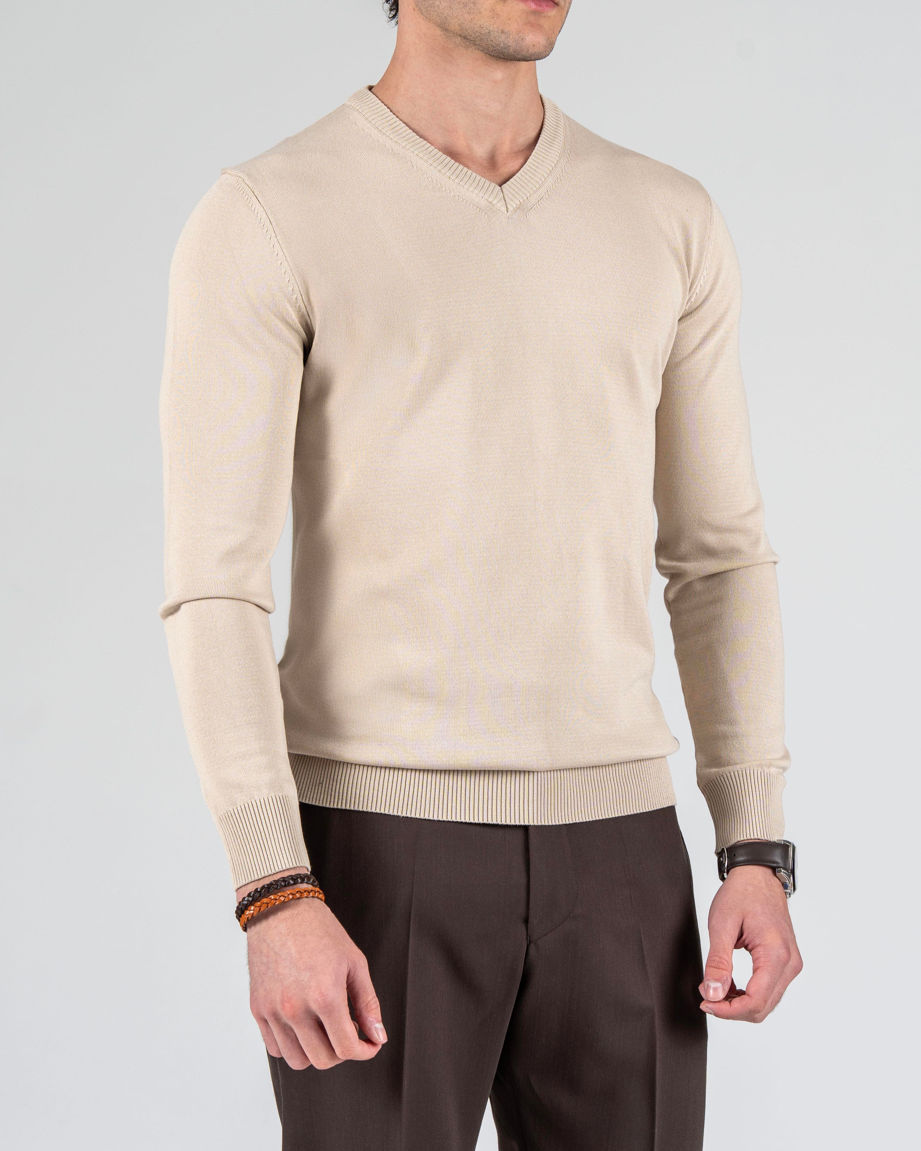 İtalyan stil slim fit erkek V yaka triko kazak Bej T8737