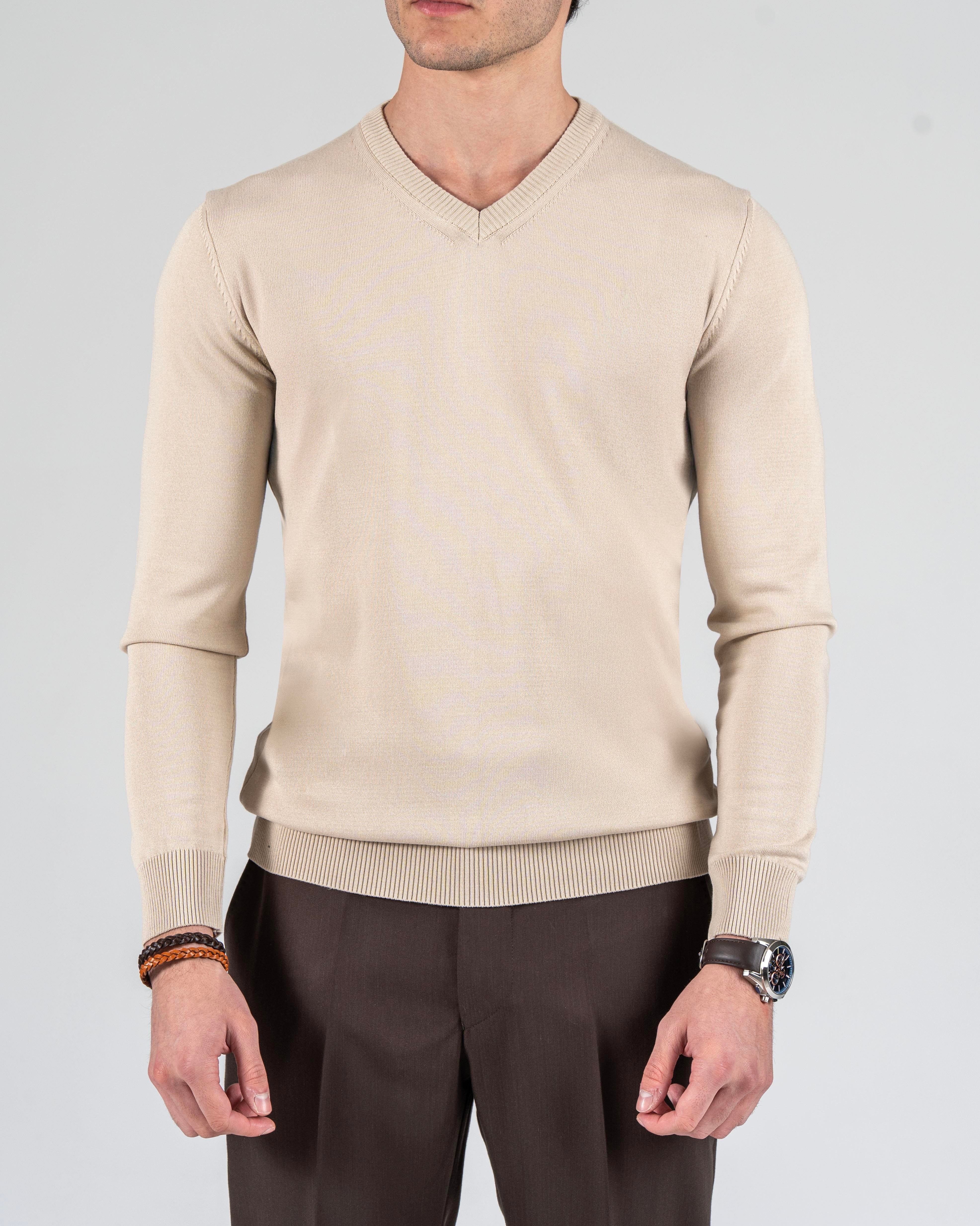 İtalyan stil slim fit erkek V yaka triko kazak Bej T8737