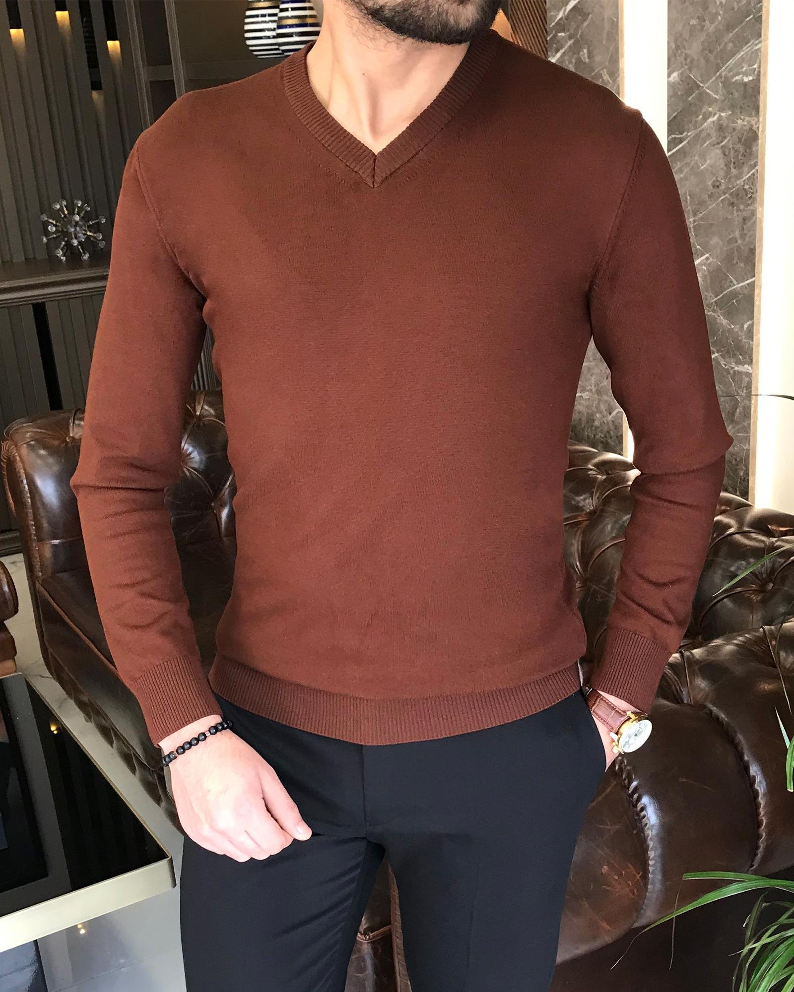 İtalyan stil slim fit erkek V yaka triko kazak Kahverengi T8738