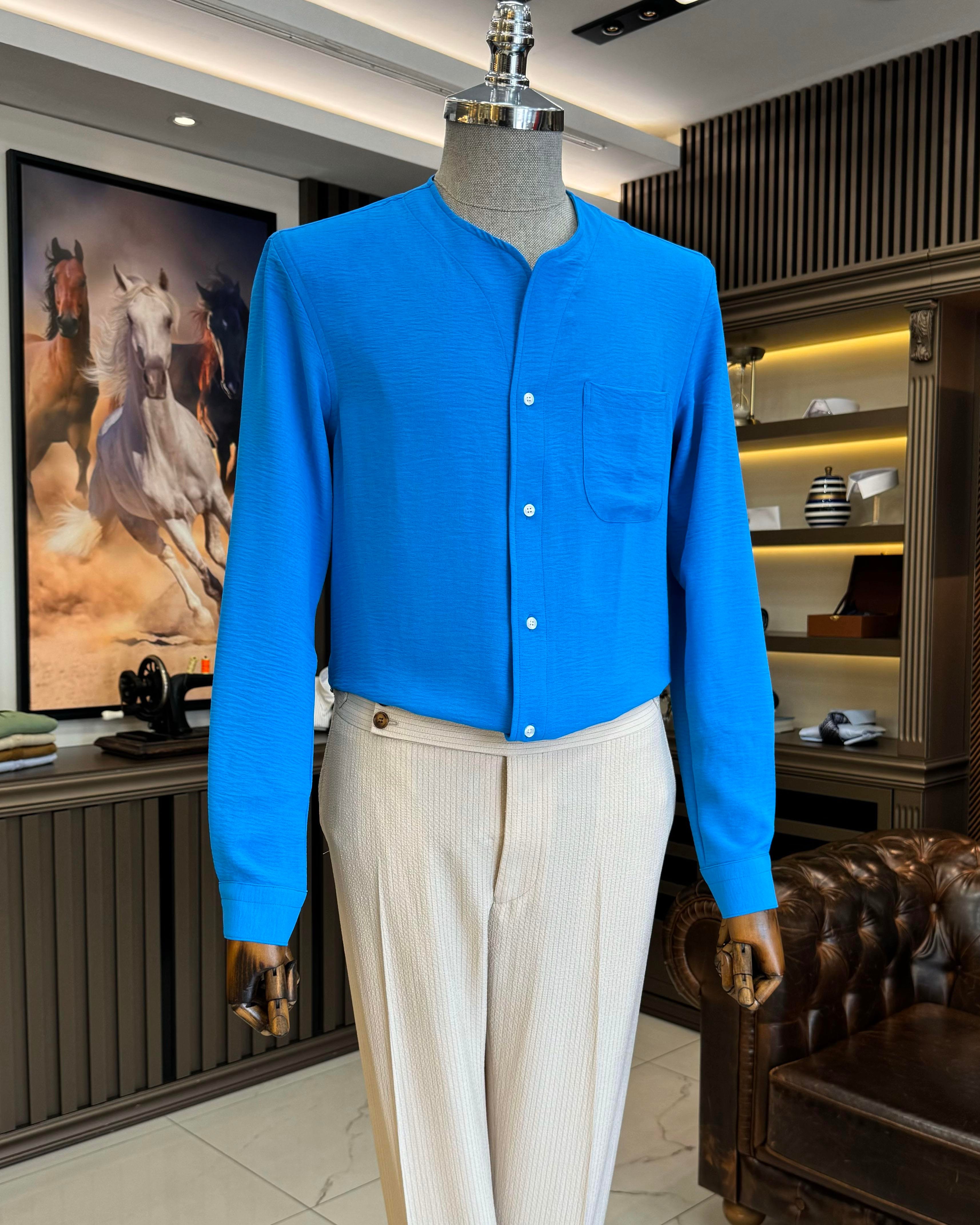 Italian style slim fit men's collarless shirt blue T11875