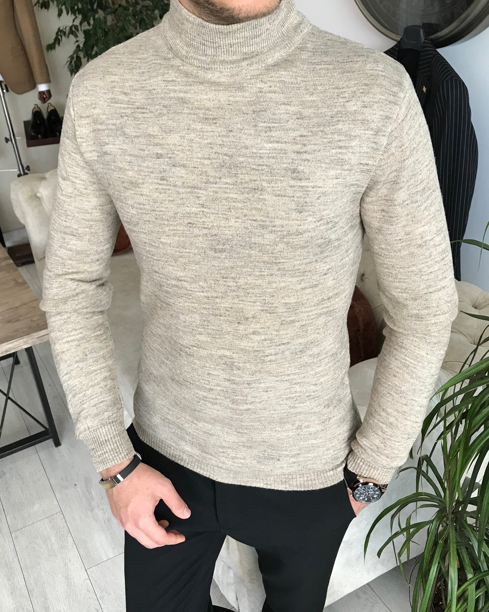İtalyan stil slim fit erkek yarım balıkçı yaka triko kazak Vizon T7954