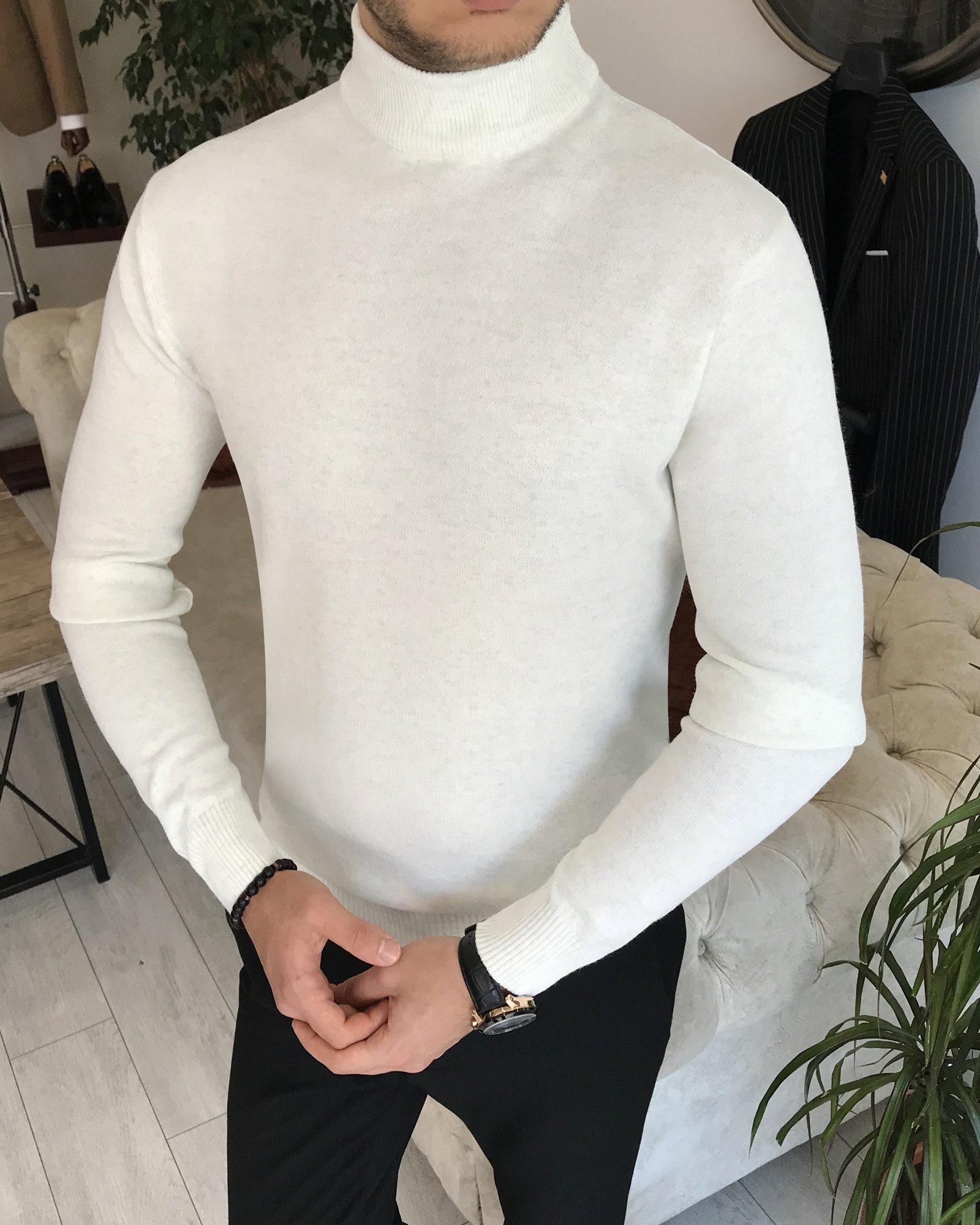 İtalyan stil slim fit erkek balıkçı yaka triko kazak Gri T7963