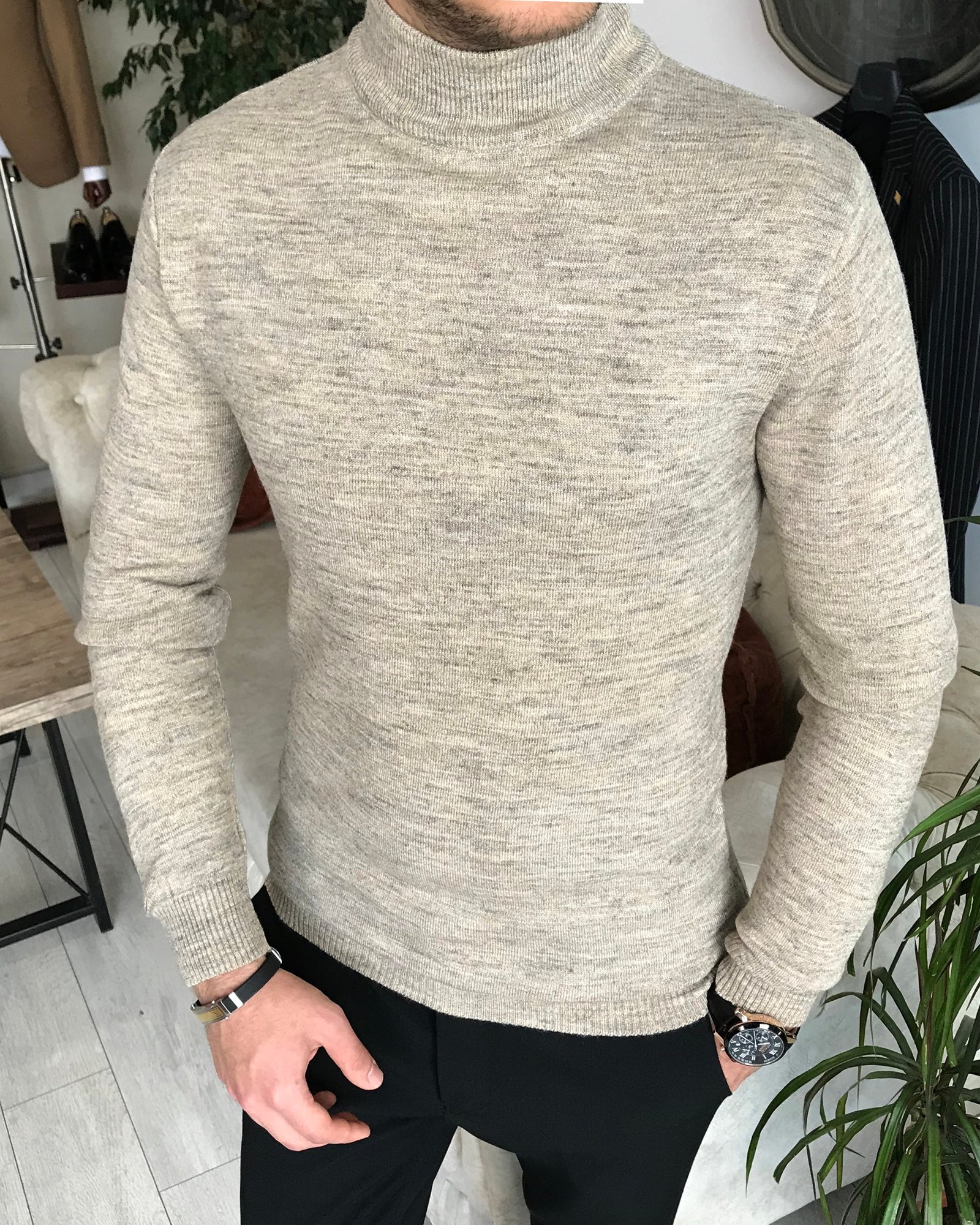 İtalyan stil slim fit erkek yarım balıkçı yaka triko kazak Vizon T7954