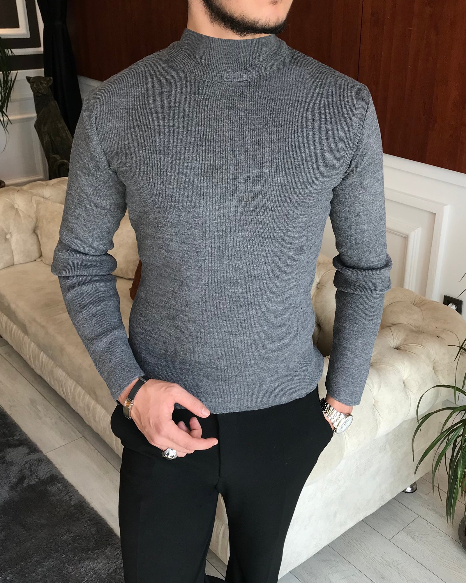 İtalyan stil slim fit erkek yarım balıkçıl yaka triko kazak Gri T6436