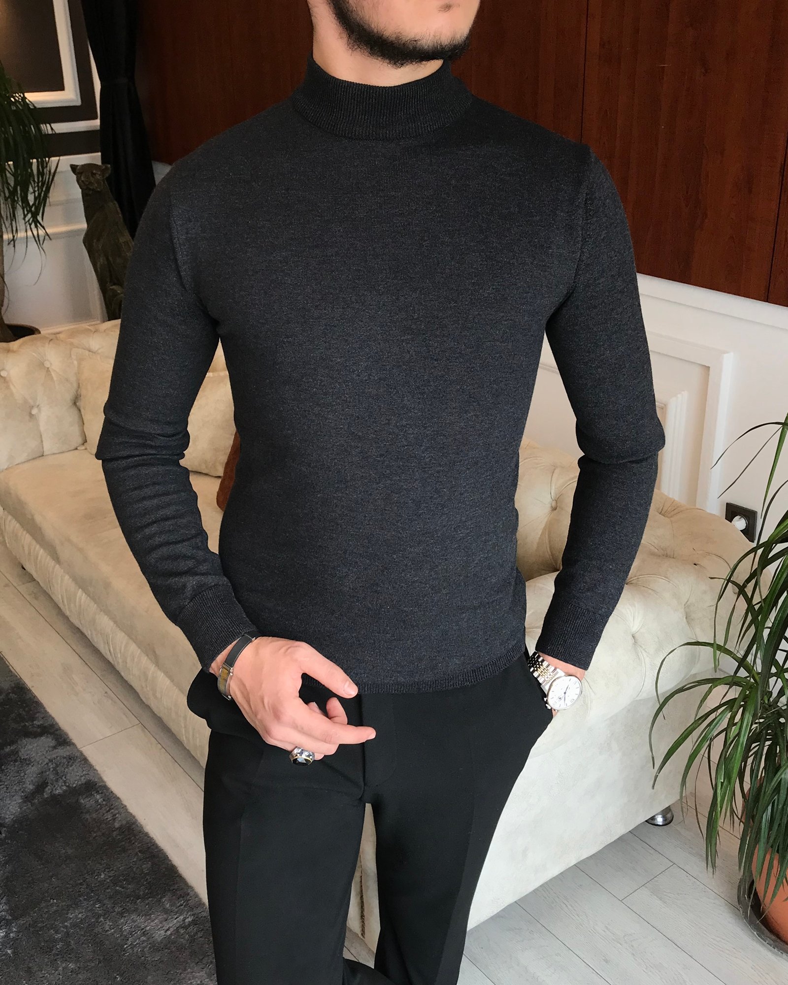 İtalyan stil slim fit erkek yarım balıkçıl yaka triko kazak antrasit T6545