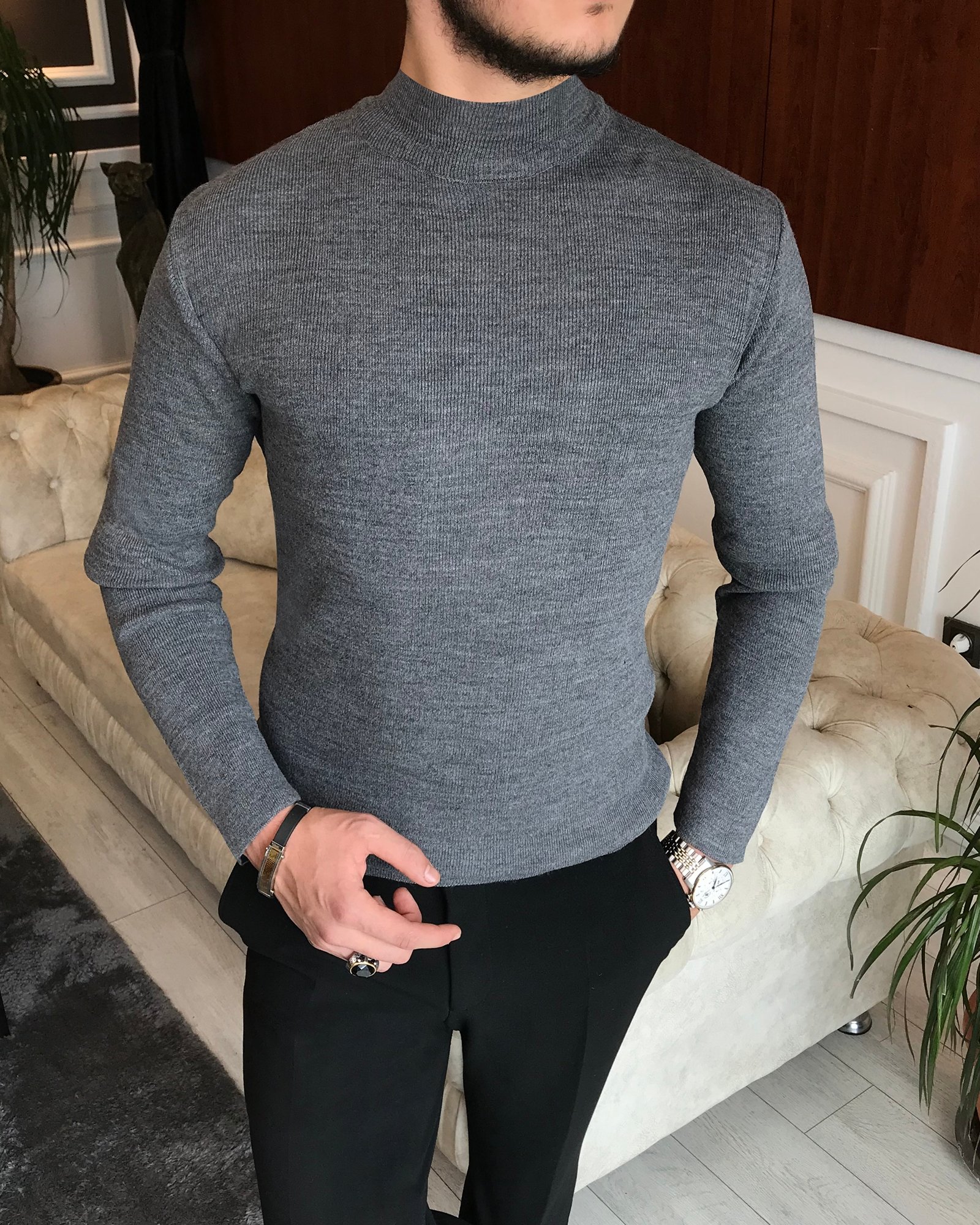 İtalyan stil slim fit erkek yarım balıkçıl yaka triko kazak Gri T6436