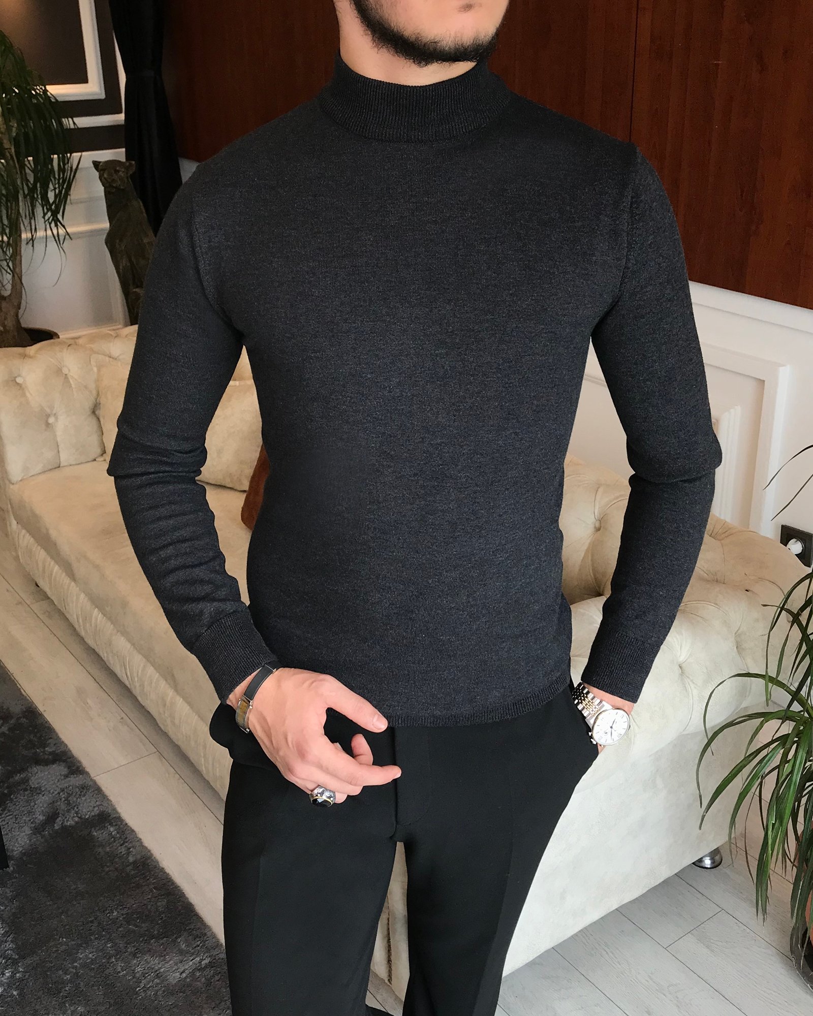 İtalyan stil slim fit erkek yarım balıkçıl yaka triko kazak antrasit T6545
