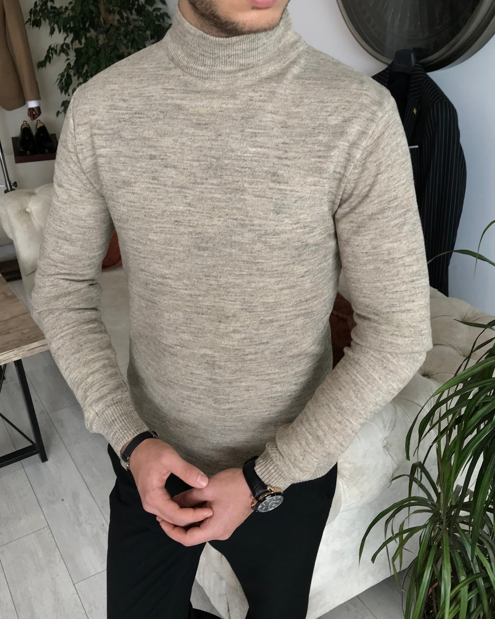 İtalyan stil slim fit erkek yarım balıkçı yaka triko kazak Vizon T7954