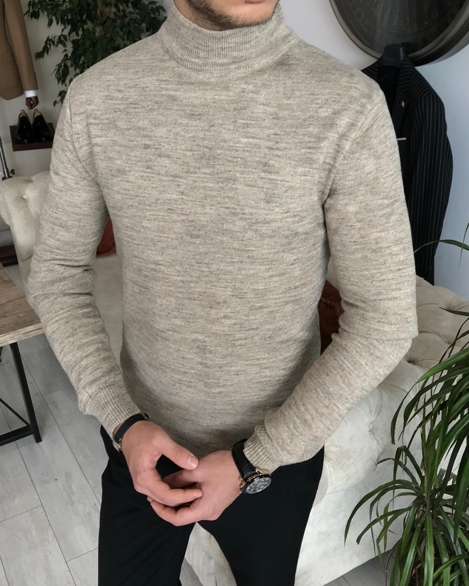 İtalyan stil slim fit erkek yarım balıkçı yaka triko kazak Vizon T7954