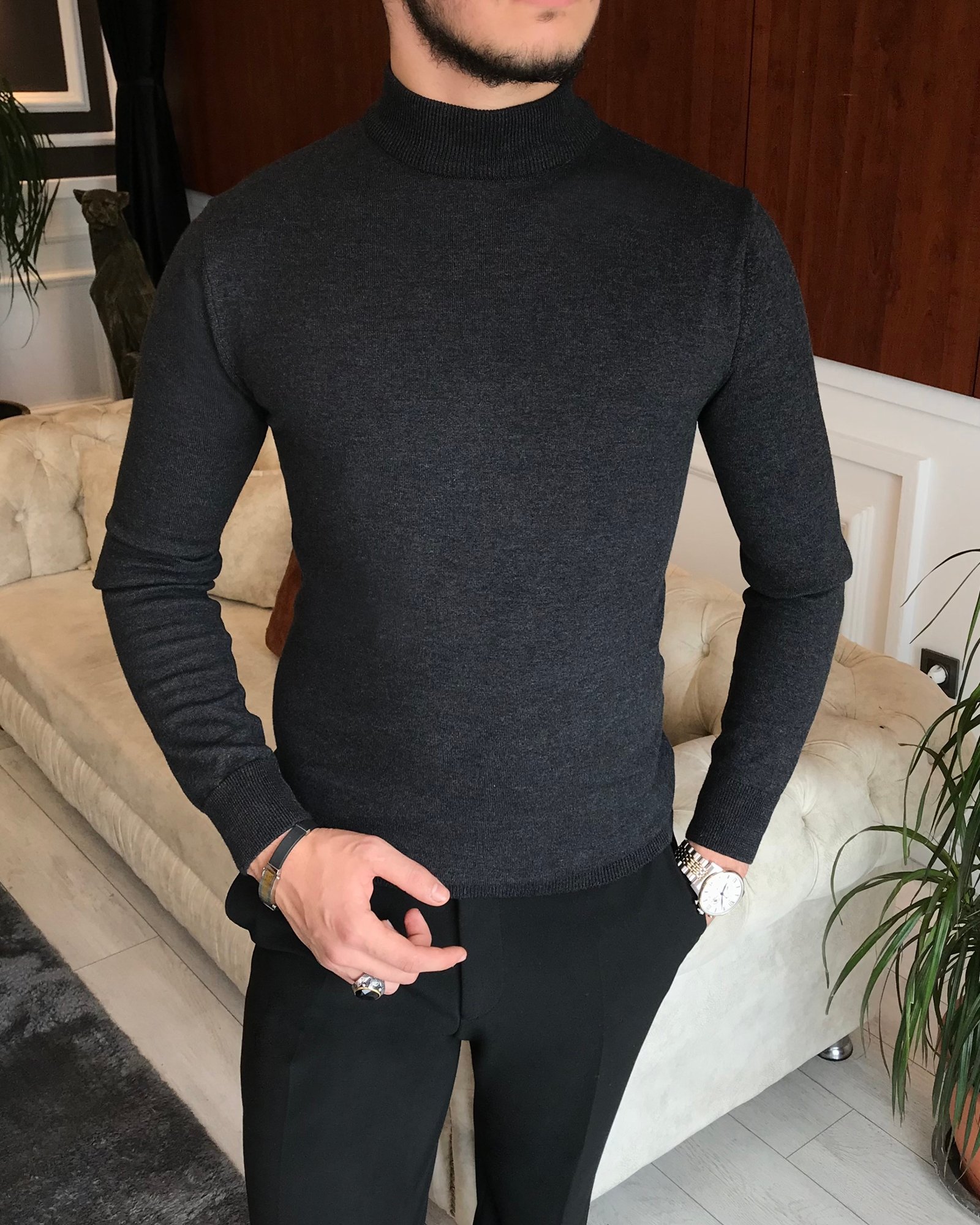İtalyan stil slim fit erkek yarım balıkçıl yaka triko kazak antrasit T6545