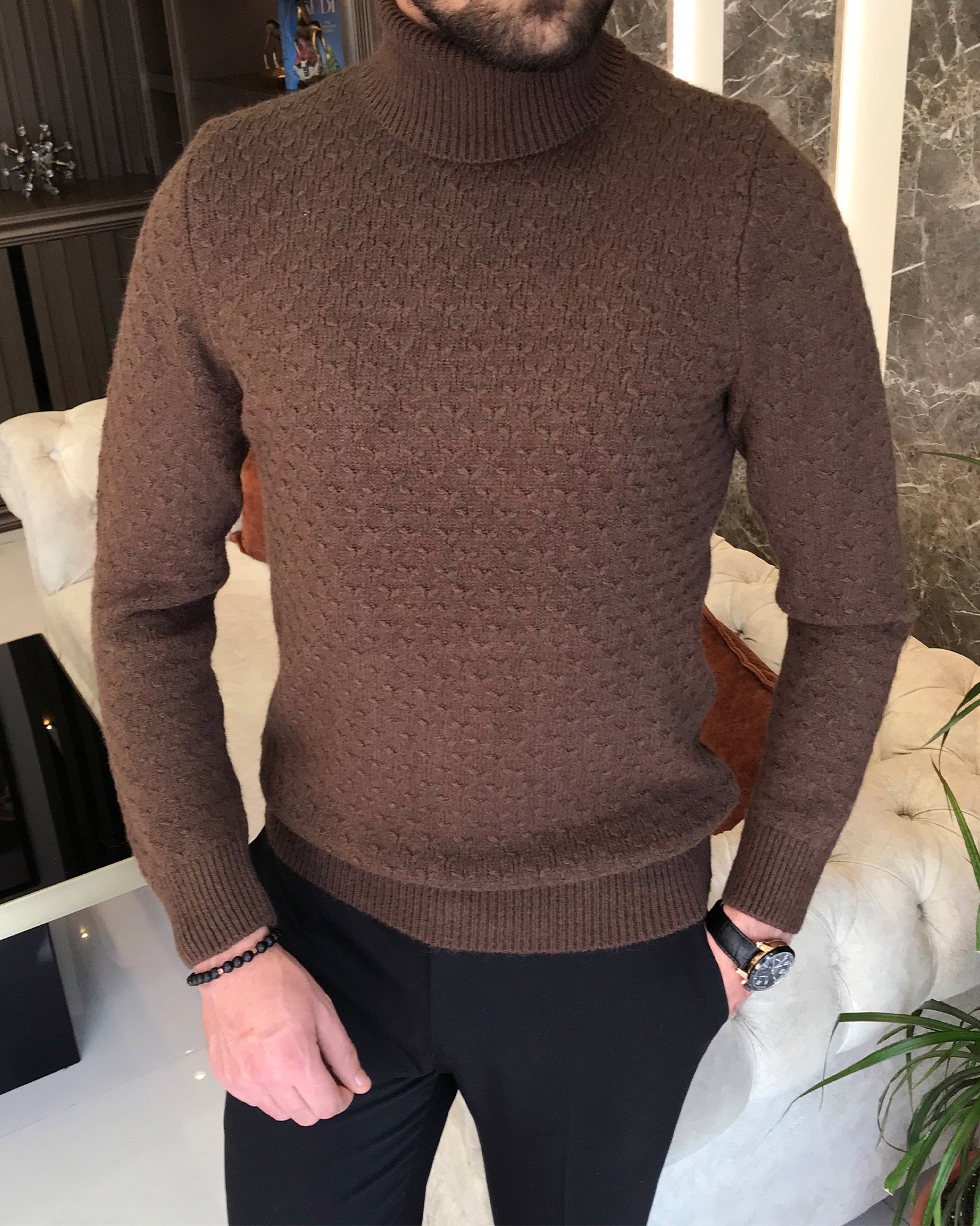 İtalyan stil slim fit erkek yarım balıkçı yaka triko kazak Kahverengi T8705